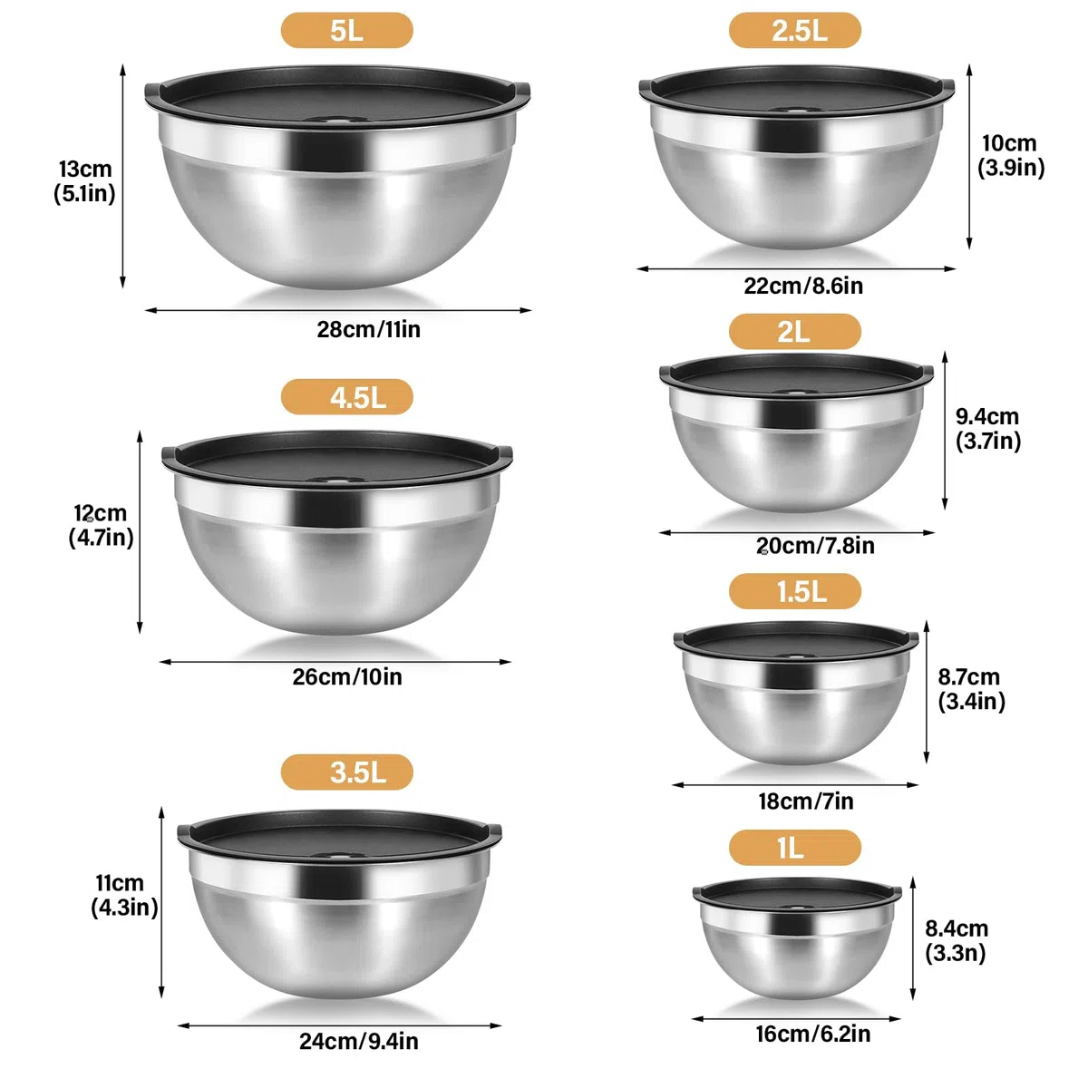 Cinnani 7 Set da Ciotola Acciaio Inossidabile, Insalatiera, Mixing Ciotole, Ciotole di Frutta, Ciotole acciaio inox con coperchio set, Ciotole da Cucina Multifunzionali