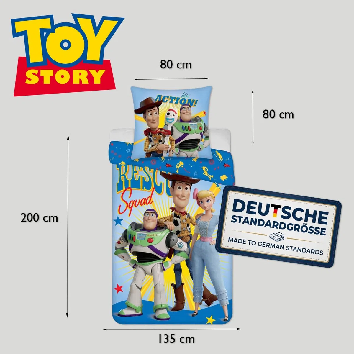 Toy Story - Biancheria da letto per bambini, 100% cotone, reversibile, 135 x 200 cm, con federa 80 x 80 cm, certificata Oeko-Tex Standard 100, design Disney Pixar Rescue Squad