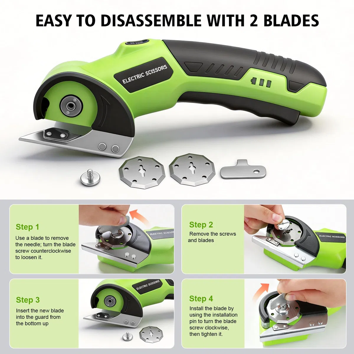 Taglierina Elettrica Rotante 4V, Forbici Elettriche Ricaricabili con Lama Autoaffilante e LED – Per Tessuti, Cucito, Pelle, Moquette, Cartone, Plastica – Idea Regalo Fai da Te, Atelier (Verde)