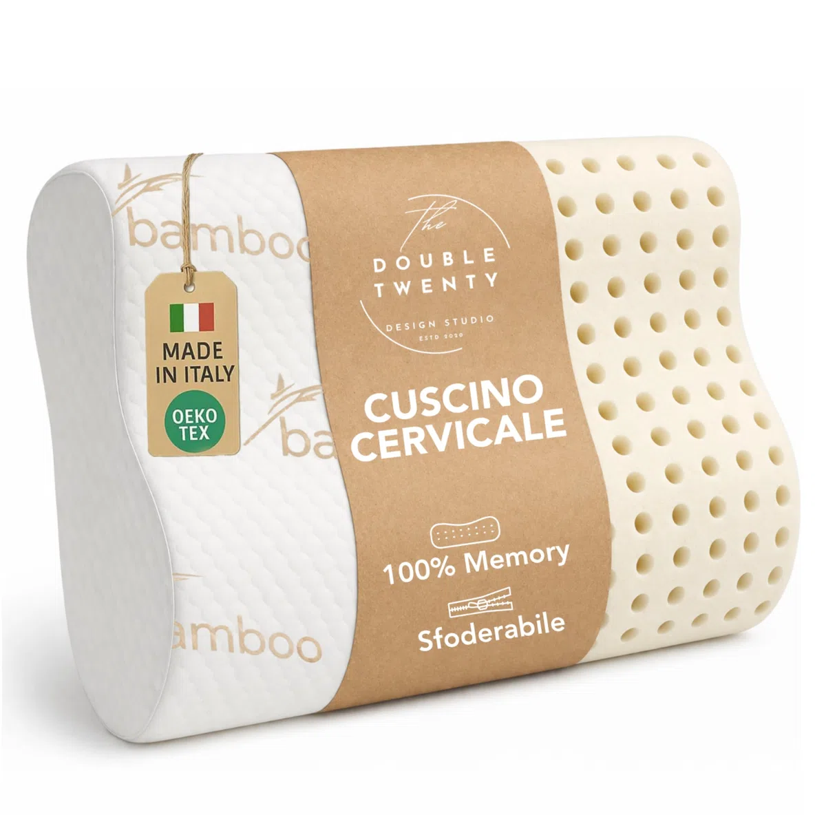 The Double Twenty - Cuscino Cervicale per Dormire a Doppia Onda Elevato Supporto Collo - Guanciale Memory Foam Federa Lavabile in Bamboo - Cuscino Memory Foam Made in Italy Certificato Oeko Tex