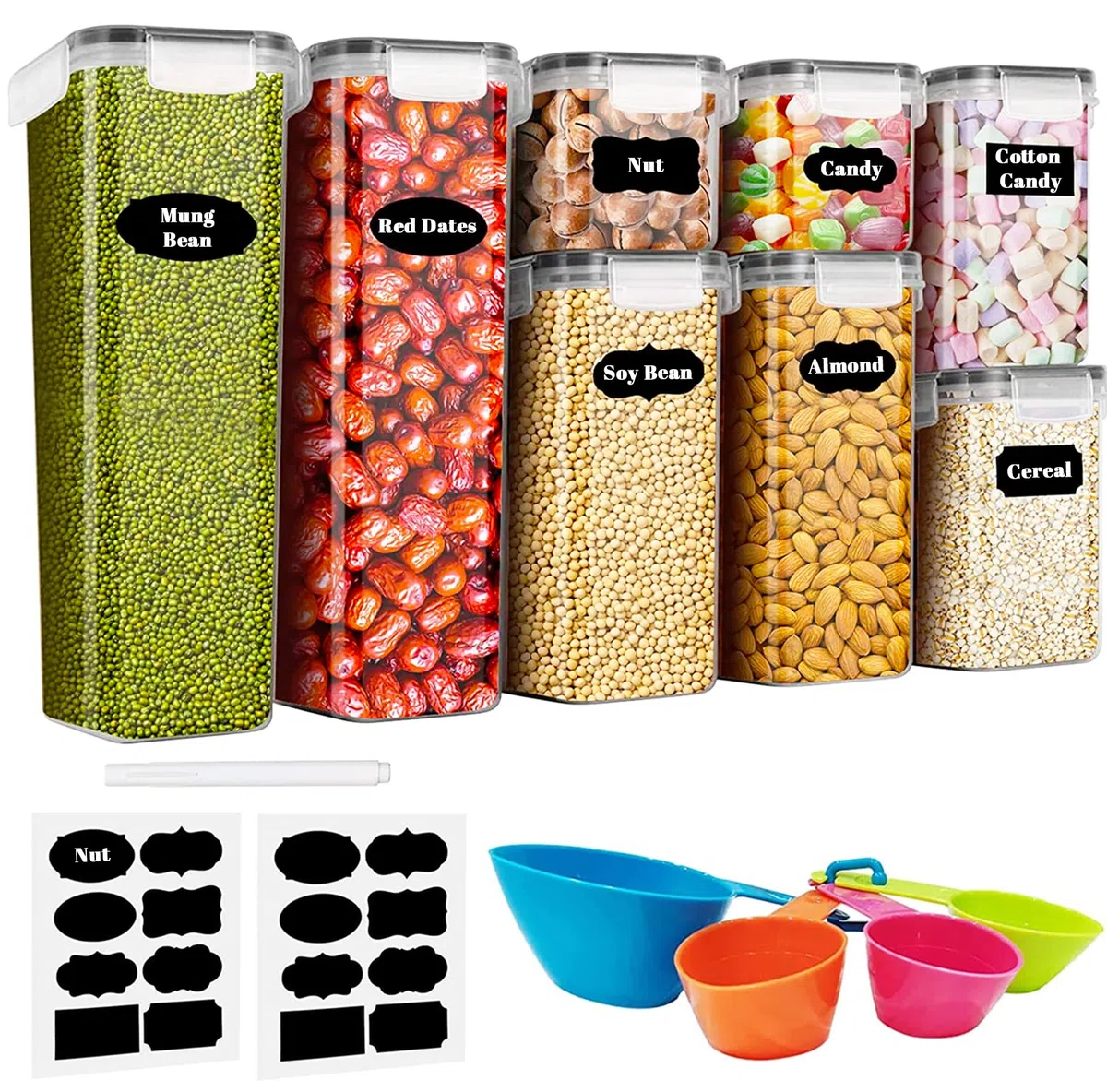 Set 8 Pezzi Contenitori Alimentari Per Cereali, Barattoli ermetici per alimenti, Senza BPA,Utilizzato per la Conservazione di Pasta, Cereali, Muesli, Farina, Spaghetti (2.8L+2L+1.4L+0.8L)