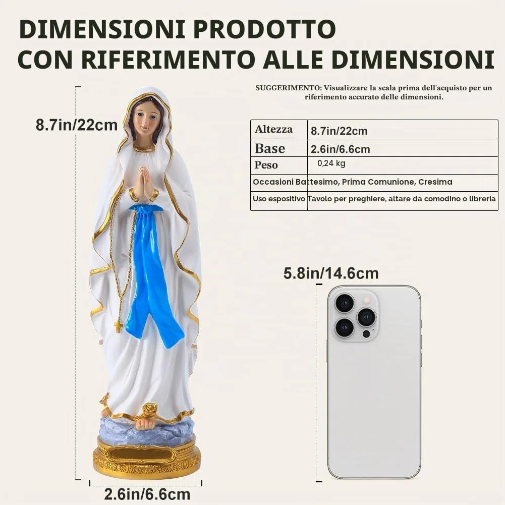 Statua della Vergine Maria 22,1 cm, regalo religioso in resina per la mamma, decorazione cattolica e scultura per l'altare di Lourdes