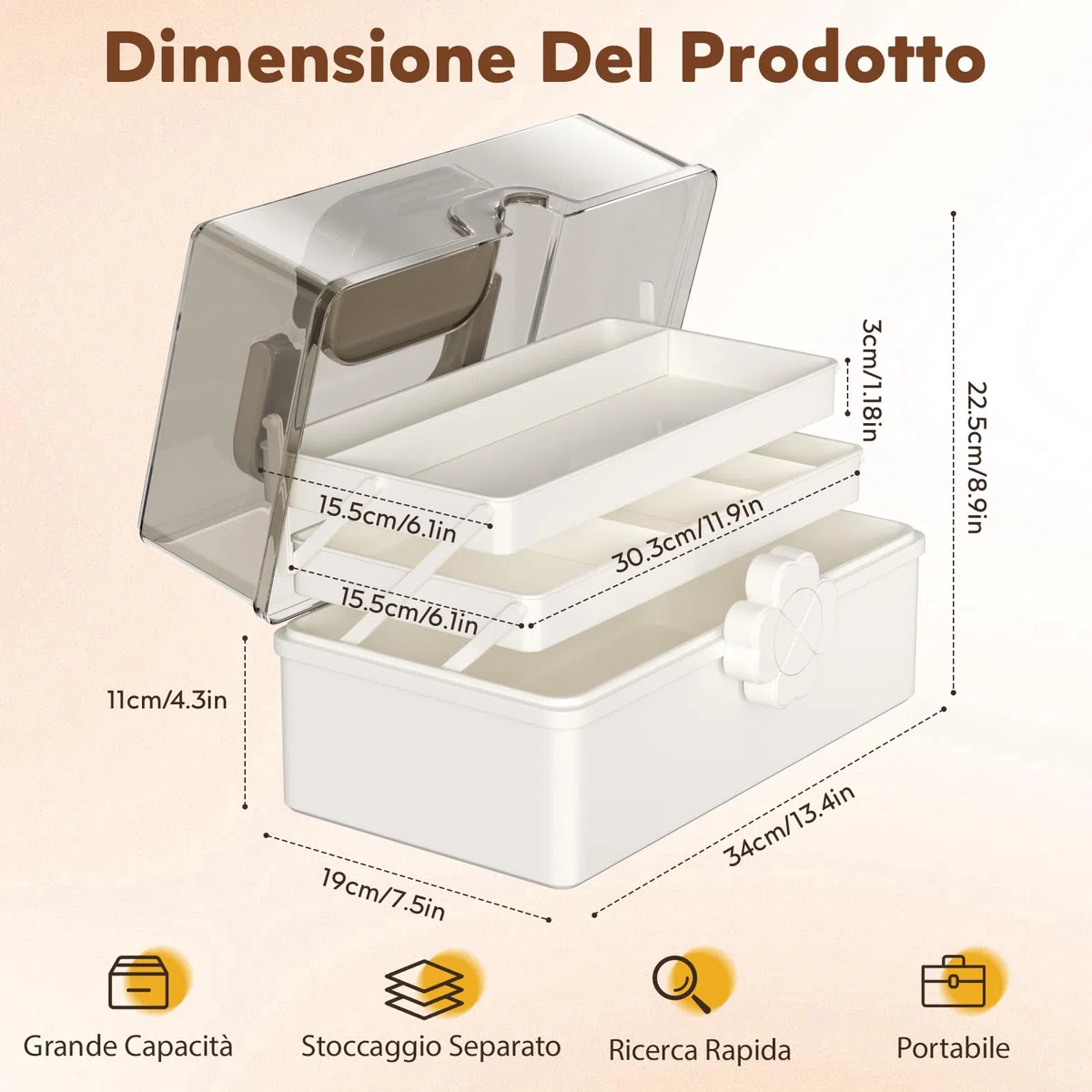 Mihoho Grande scatola per medicinali a 3 strati, organizer per medicinali a 3 livelli, organizer per scatole di immagazzinaggio con scomparti, custodia per kit di emergenza per la famiglia (bianco K)