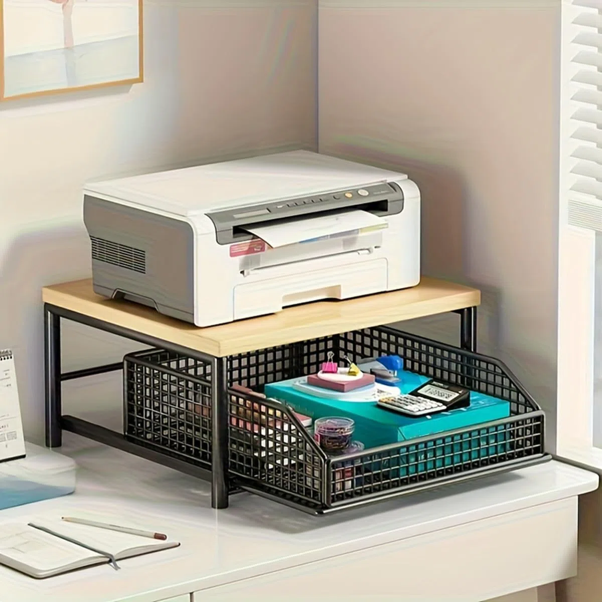Mensola in Legno Massello Resistente per Macchina da caffè - Organizzatore da Cucina da Banco con Cassetto e Cesti in Rete - Design Salvaspazio Nero