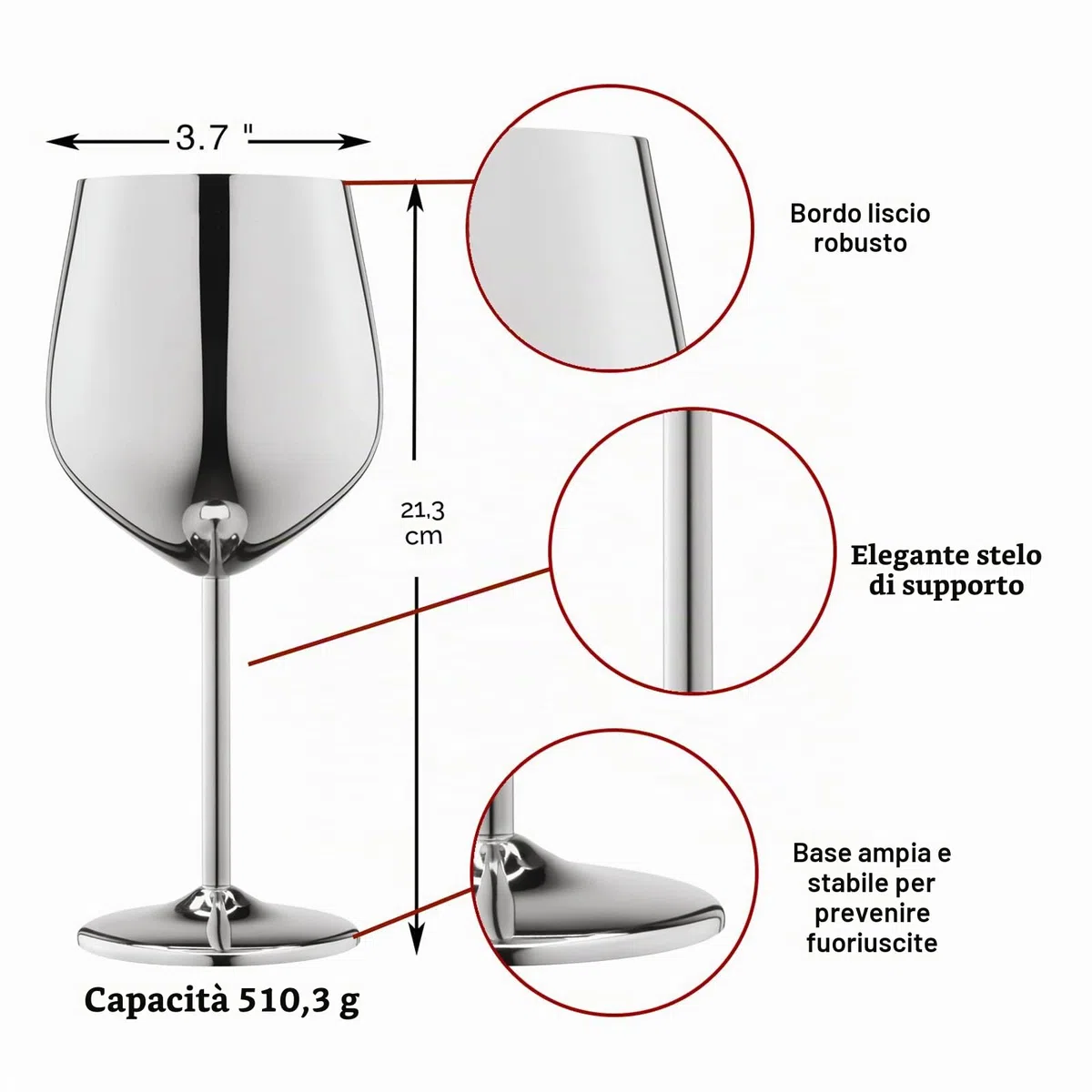 WOTOR Calici Da Vino In Acciaio Inox Set Di 4, 540ml Metallo Bicchieri Vino Rosso, Infrangibili e Portatili, Idonei Utilizzo All'aperto, Regalo Per Gli Amanti Fel Vino (Argento)