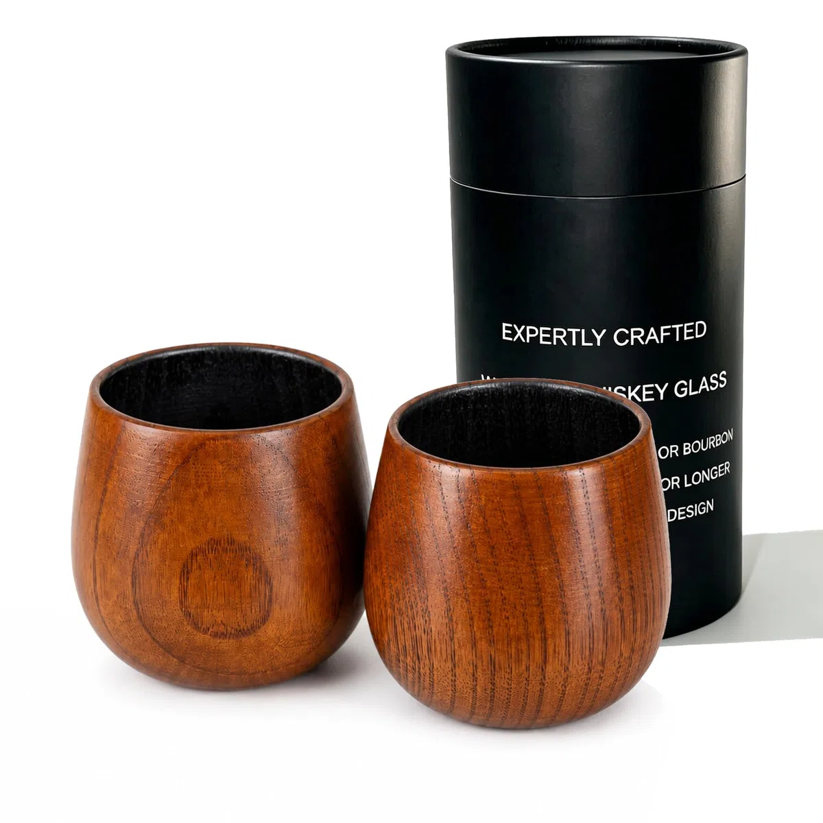 Bicchieri per Whisky in Legno, Confezione da 2 Bicchieri Old Fashioned con Interno Carbonizzato per Ammorbidire il Gusto, Calici per Bourbon e Rum, Design Ampio per Esaltare l’Aroma