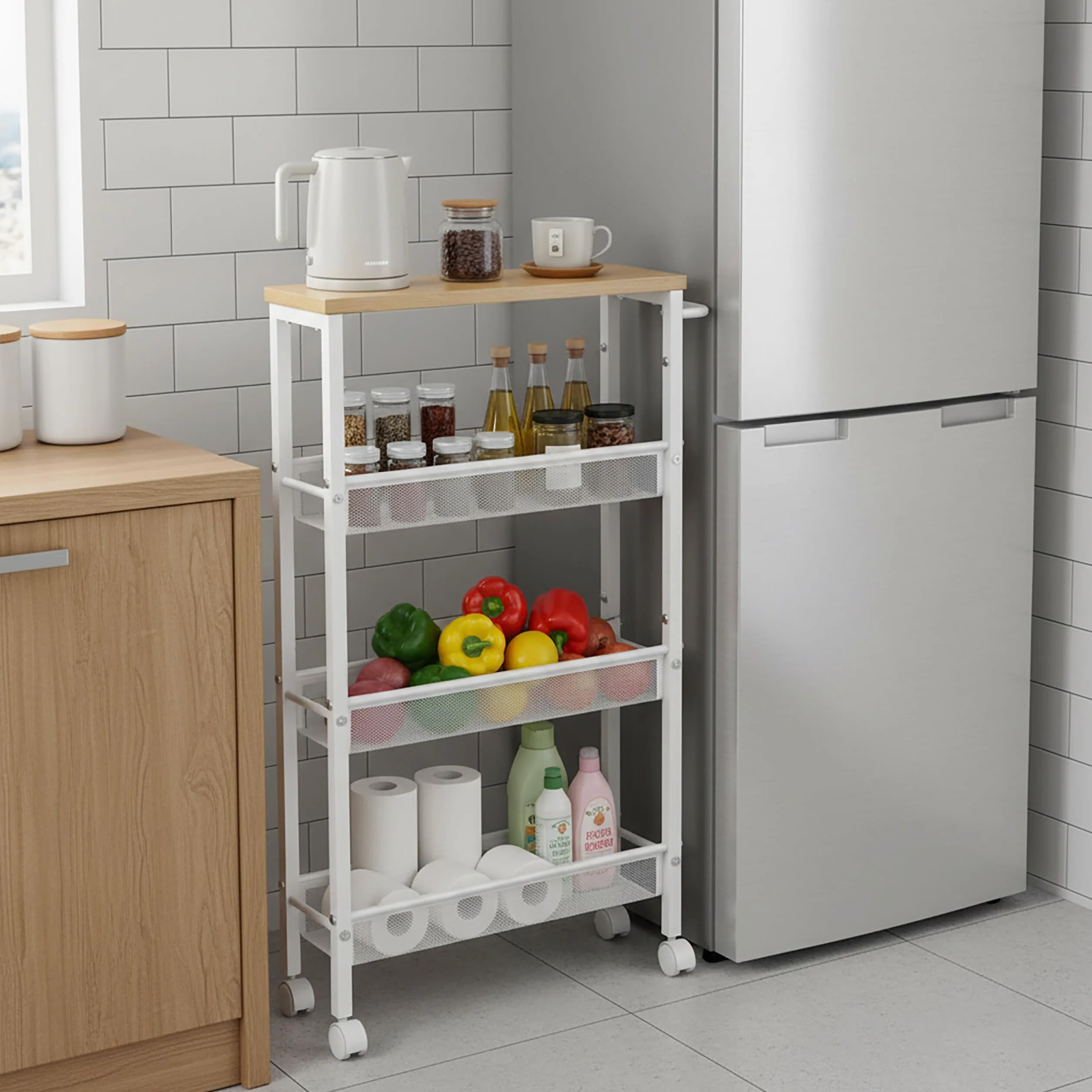 Relaxdays Carrello nicchia in Metallo Effetto Legno/Bianco, 4 Ripiani, salvaspazio Bagno/Cucina, 77x13x45 cm