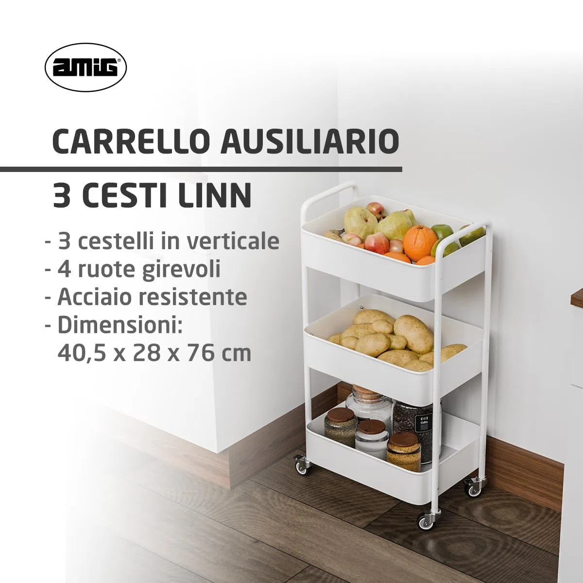 Amig - Carrello da cucina a 3 livelli con ruote Mod. LINN - Scaffale ausiliario in acciaio - Bianco - Carrello multiuso per cucina, bagno o ufficio - 40,5 x 28 x 76 cm