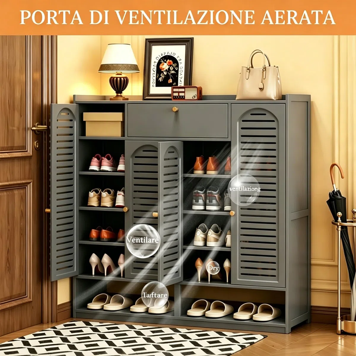 Scarpiera in Bambù a 7 Livelli – Grande Scarpiera da Ingresso con Ante a Tapparella, Modello Indipendente con Ripiani Regolabili, Ideale per Corridoio e Soggiorno (Grigio)