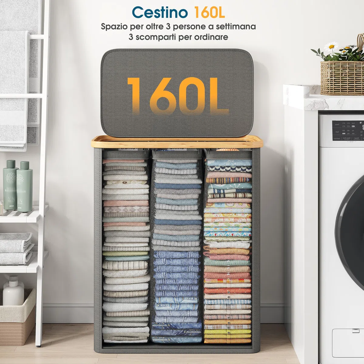 Cesto Portabiancheria 3 Scomparti con Coperchio 160L - Cesto Biancheria Sporca in Bambù & Oxford 600D waterproof, con Sacchetti Interni Rimuovibili, Perfetto per Lavanderia e Camera, Grigio