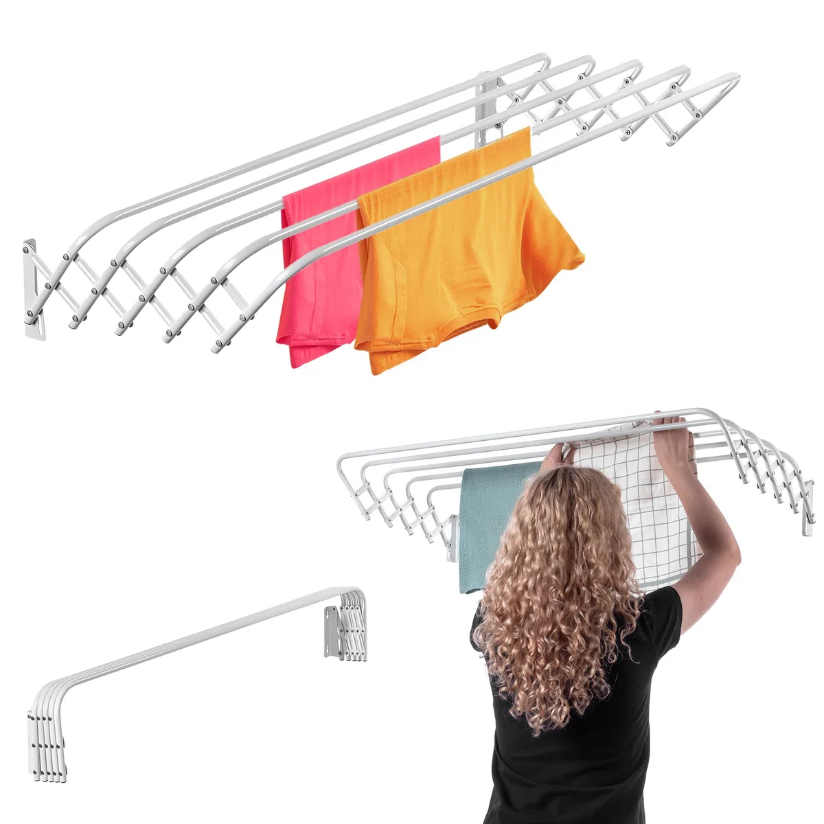 KADAX - Stendibiancheria pieghevole per lavanderia, asciugatrice per vestiti salvaspazio in metallo, estensibile a fisarmonica a parete, appendiabiti per interni (100 cm)