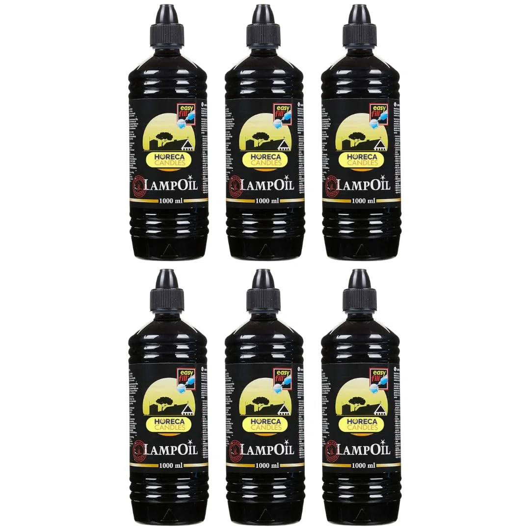 HORECA CANDLES Cera Liquida – 6x1L Olio per Lampade Senza Fumo e Senza Odore, 99% Paraffina Pura, Combustibile Sicuro per Lampade, Torce e Candele, Uso Religioso e Domestico, Lunga Durata