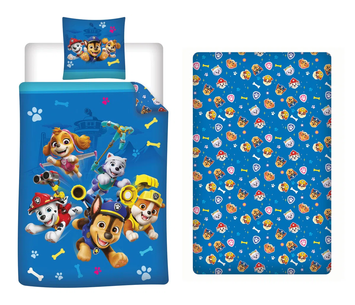 Set Letto Paw Patrol 3 Pezzi - Copripiumino 140x200 cm + Federa 63x63 cm + Lenzuolo Sotto con Angoli 90x190 cm - 100% Poliestere Morbido - Certificato Oeko-Tex - Design Chase, Marshall e Skye