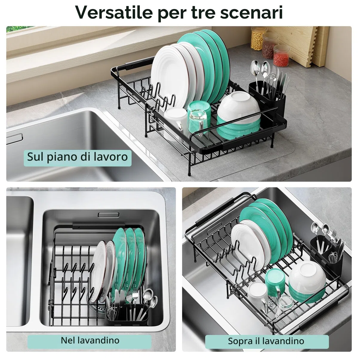 Urackify Scolapiatti da Appoggio, Scolapiatti da Lavello, Scolapiatti Estensibile Sopra il Lavello,Scola Piatti Lavandino con Porta Utensili,Scolapiatti Regolabile da Cucina per Verdura Frutta Piatti