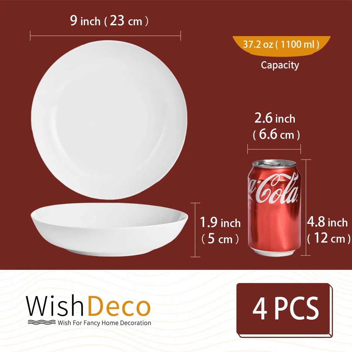 WishDeco Set di 4 Grandi Ciotole per Pasta, Insalatiera Porcellana 1100 ml, Piatti Fondi Bianche, Ciotola da Portata per Spaghetti, Ramen, Colazione, Zuppa