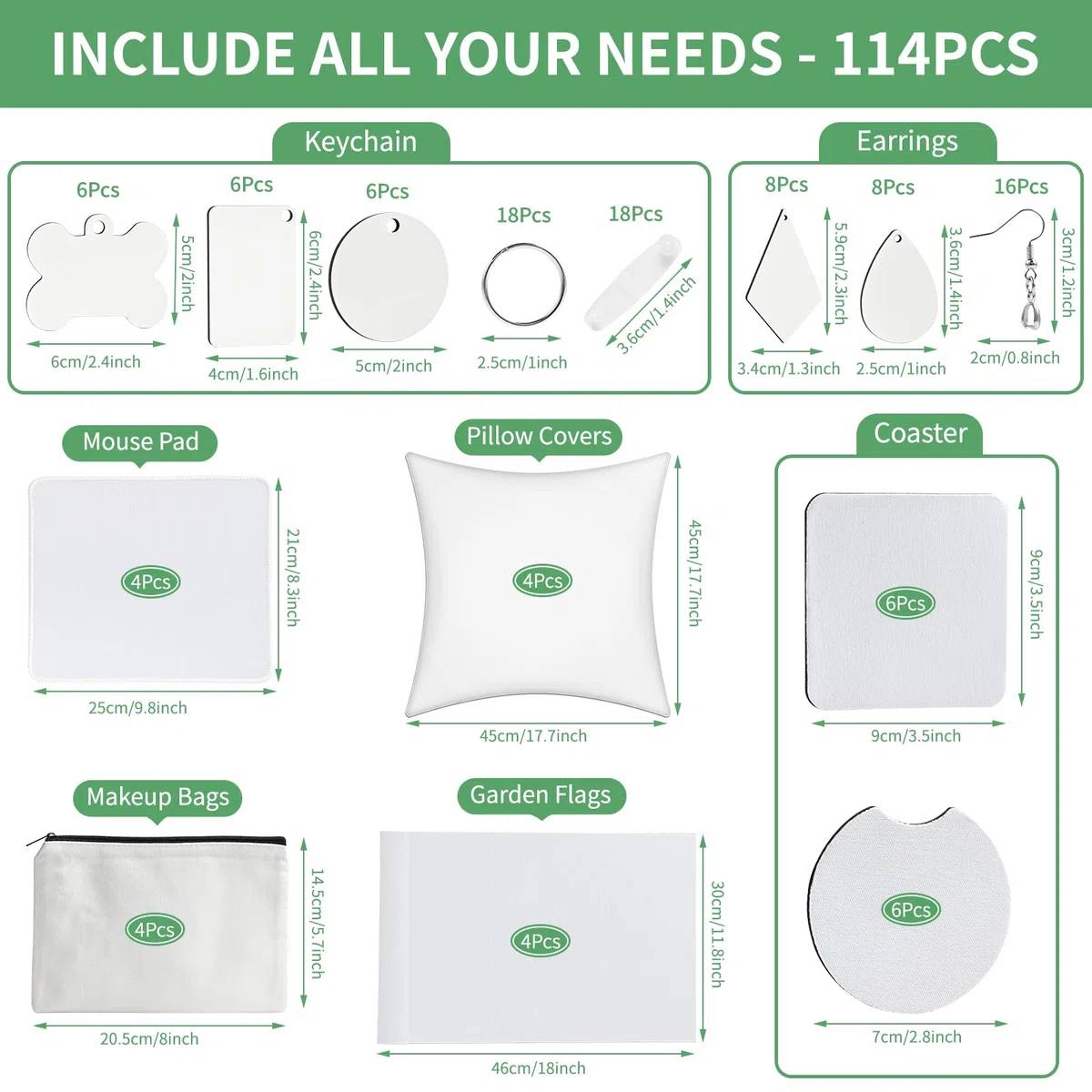 114Pcs Sublimation Blanks Products, Sublimation Blank Set Including DIY Blank Makeup Bag, Keychain, Earring, Pillow Cover, Mouse Pad, Coaster, Garden Flag for Sublimation Transfer Heat Press Craft