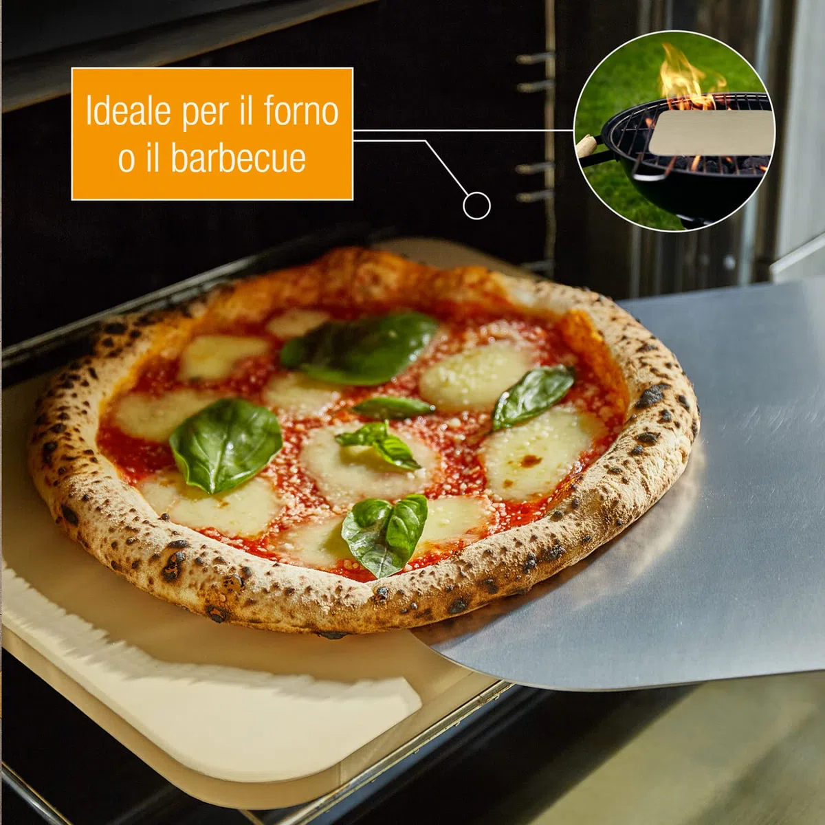 Amazy Pietra refrattaria per pizza da forno, incl. Pala in bambù, Carta da forno riutilizzabile e Ricettario –Pietra pizza dal sapore italiano (38x30x1,5cm)
