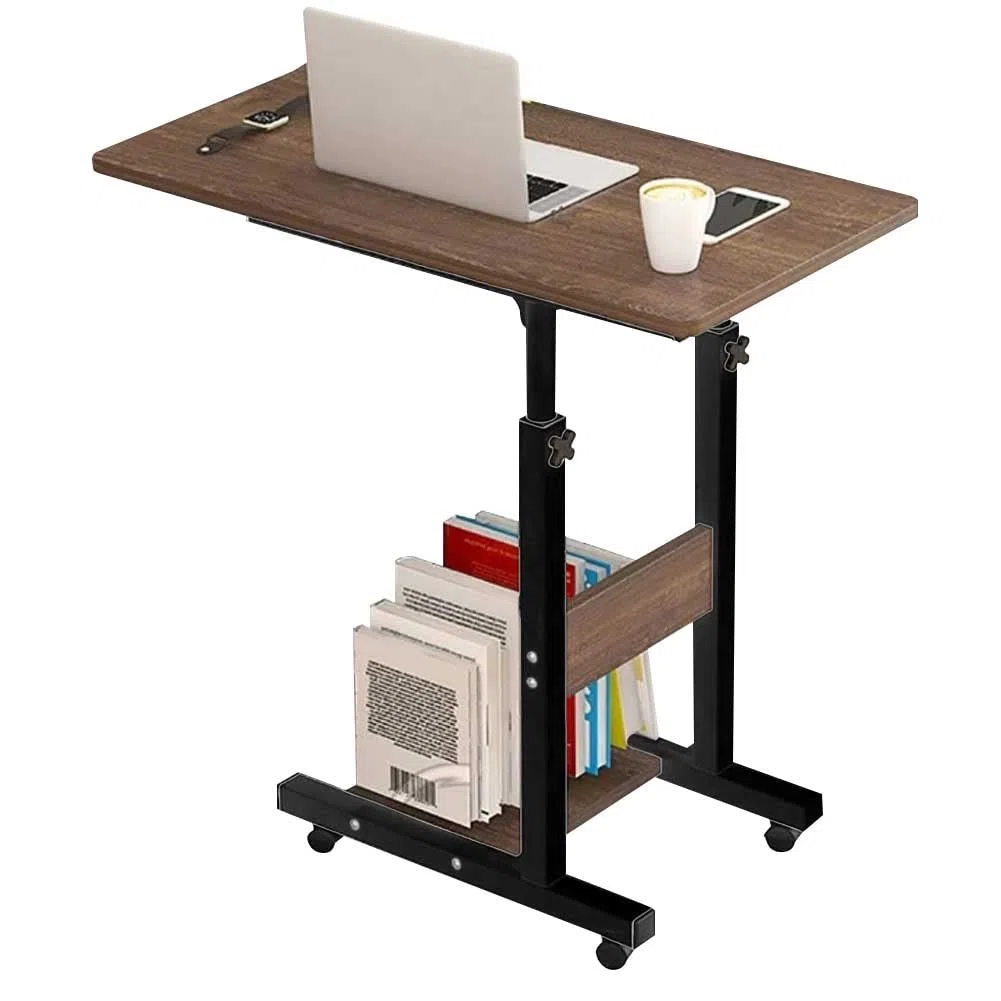 BAKAJI Scrivania Tavolo da Lavoro Porta Pc Computer Altezza Regolabile Tavolino Letto Divano con Piano e Ripiano Inferiore in Legno MDF Struttura Metallo Design Moderno 60 x 40 x 86 cm (Noce)