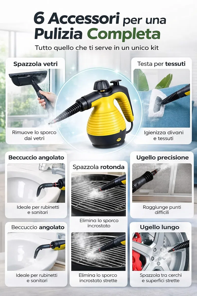 Pulitore a Vapore Portatile Alta Pressione, 1050W, Riscaldamento Rapido 3-5 Min, Kit 6 Accessori, Pulizia Profonda per Casa, Cucina, Bagno, Auto