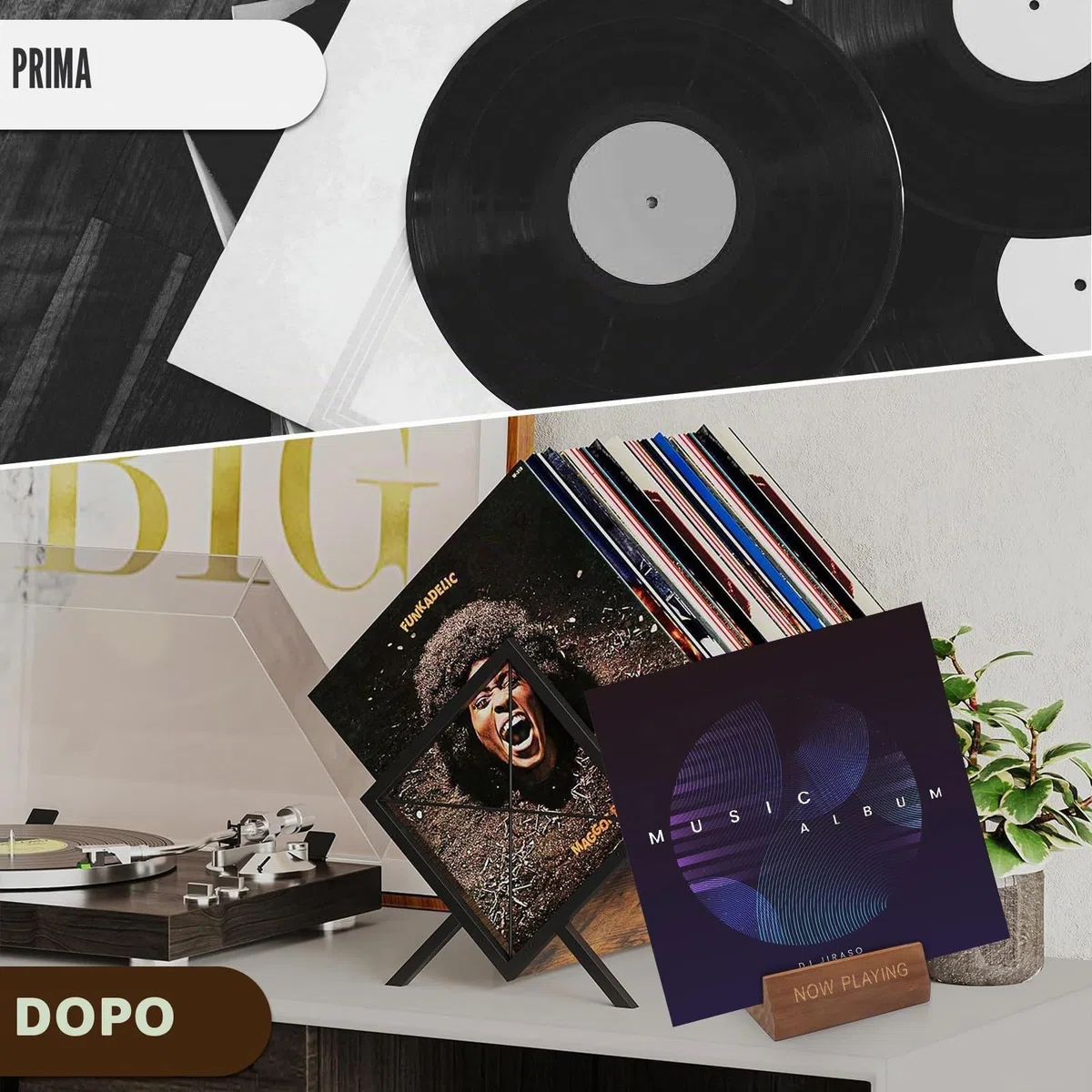 Set di Mensola per Vinili in Legno Massello Now Playing VinylStand + Supporto per LP in Ferro-Legno, Mensola per Vinili ad Alta Capacità per 80-100 LP, Organizzatore per Vinili per Album, CD