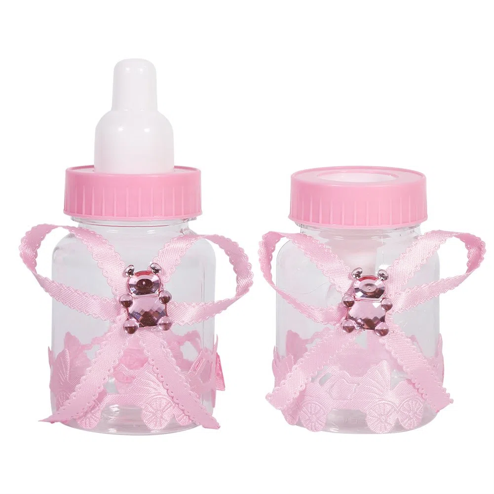 Hztyyier 50 Pezzi Biberon Scatola di Caramelle Regali per Feste in Plastica Bottiglie di Latte per Bomboniere Regali Baby Shower Decor(Rosa)