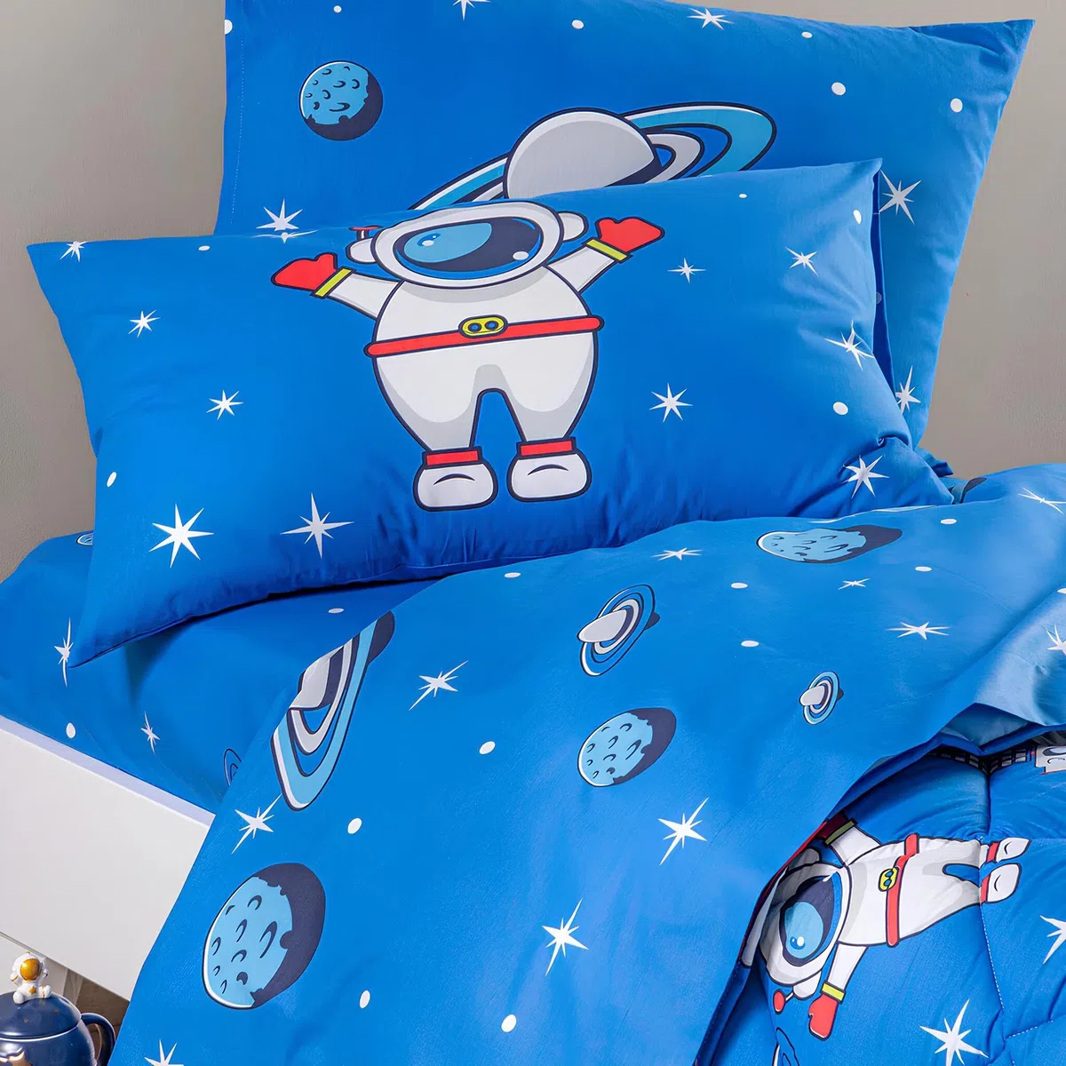 Caleffi Lenzuola Singolo Bambino Art. Spazio in Cotone 100% – Set 3 Pezzi con Federa Double Face – Colore Blu
