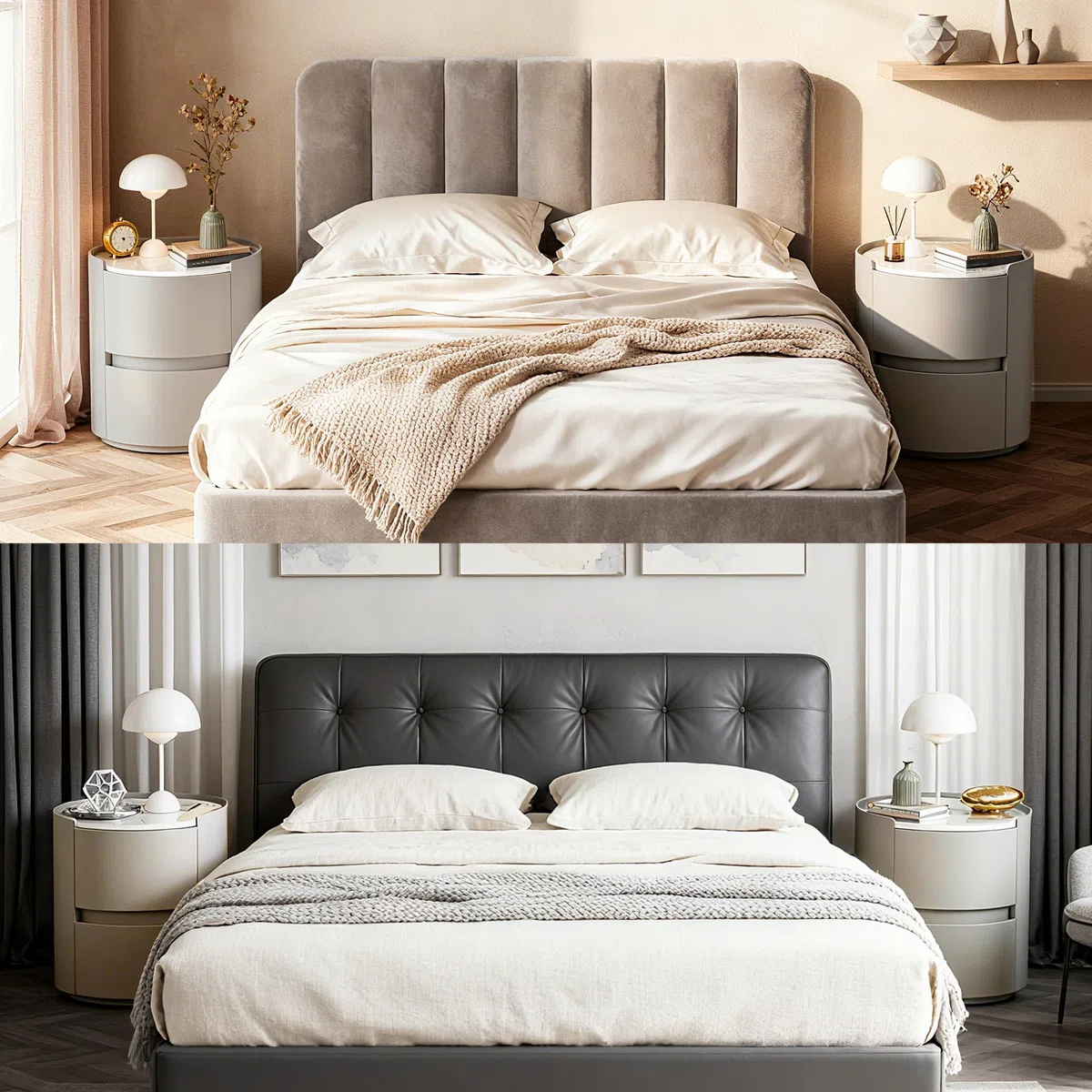 Comodino rotondo con piano in marmo, moderno, comodino in pelle, con 2 cassetti in legno massiccio, per camera da letto, soggiorno, grigio, 40 x 40 x 50 cm