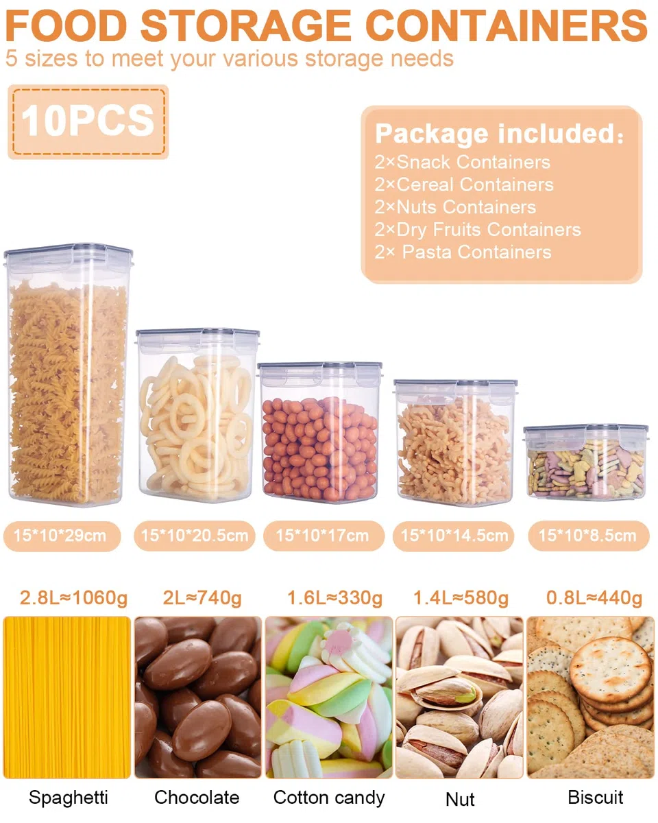 Set di 10 Contenitori Alimentari Ermetici Contenitori per Cereali Ermetici Senza BPA Plastica Cereali con Coperchio Etichette Cucchiai per la Conservazione di Pasta Cereali Farina
