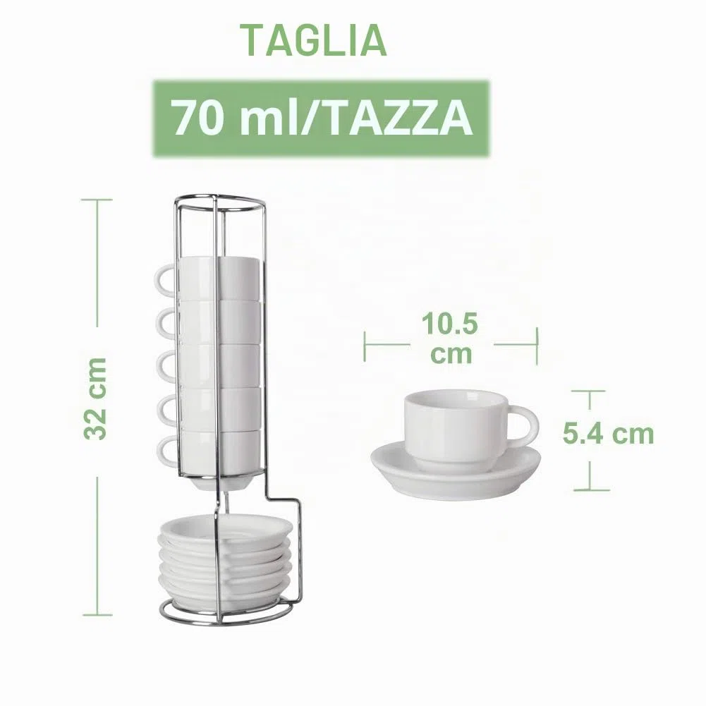 Sweejar Set di 6 tazze da caffè e piattino, impilabili, in porcellana Demitasse con supporto in metallo, 70 ml, per latte, caffè, cappuccino, tè bianco
