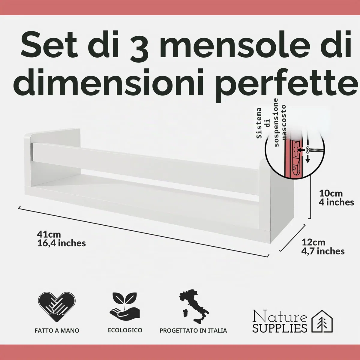 NATURE SUPPLIES Set 3 Mensole da Parete in Legno Massello Bianco - Camera Bambini - Ideali per Libri e Giocattoli