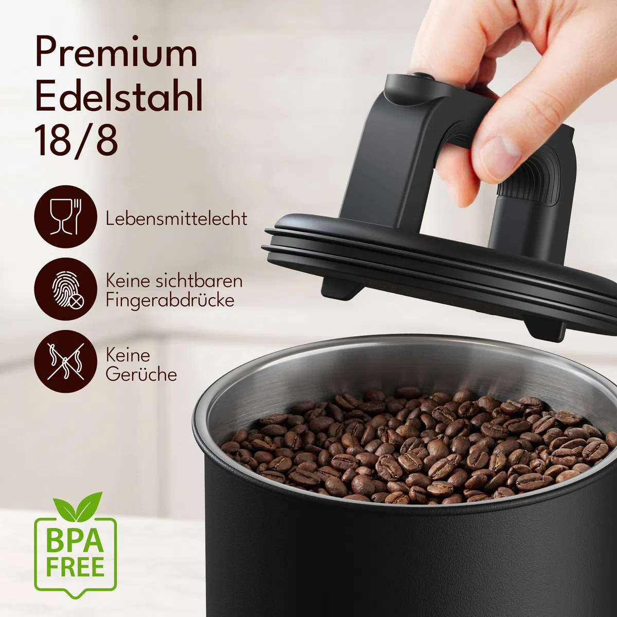 KC Kitchen & Co. Barattolo ermetico per chicchi di caffè da 1 kg, con coperchio sottovuoto (supporto per caffè, tè, barattolo in acciaio inox, chiusura aroma, barattolo di latta, nero opaco, 2800 ml