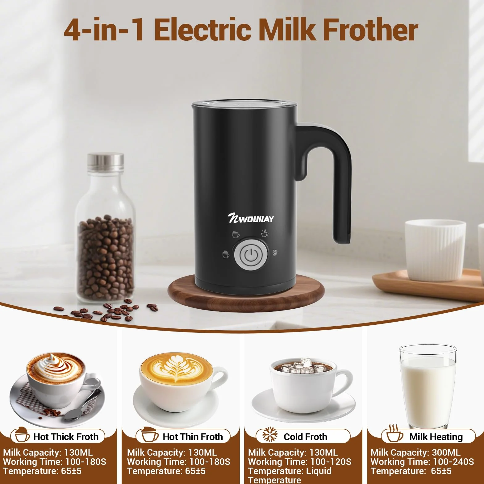 Montalatte Elettrico 4 in 1 Cappuccinatore Elettrico 300ML 600W Silenzioso con Manico per Caldo e Freddo Schiuma di Latte Rivestimento Antiaderente per Latte Cappuccino Macchiato
