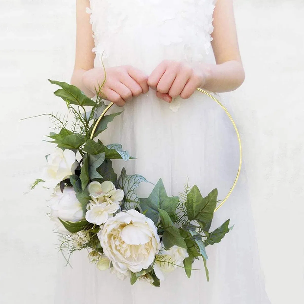 10 pneumatici rotondi in metallo da 30 cm, con 10 supporti in legno esagonali, anelli decorativi in metallo dorato, con supporto in legno, per fai da te, per matrimoni, decorazioni e