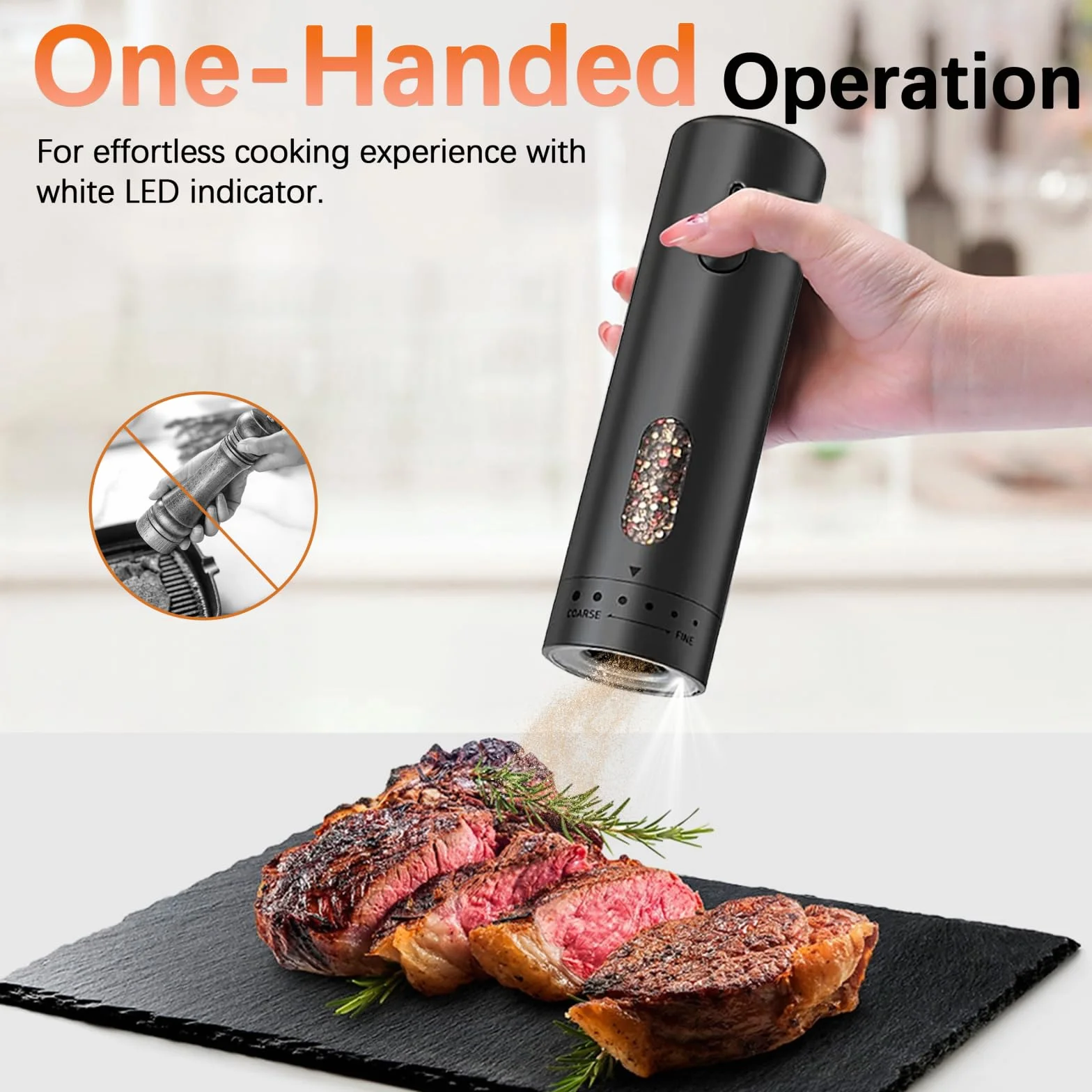 MERTTURM Set Macinapepe e Sale Elettrico, Macinino Ricaricabile USB con Base Trasparente/Cerinca, Grana Regolabile, Funzionamento a Una Mano, Macinino Portatile per Cucina/Casa/BBQ