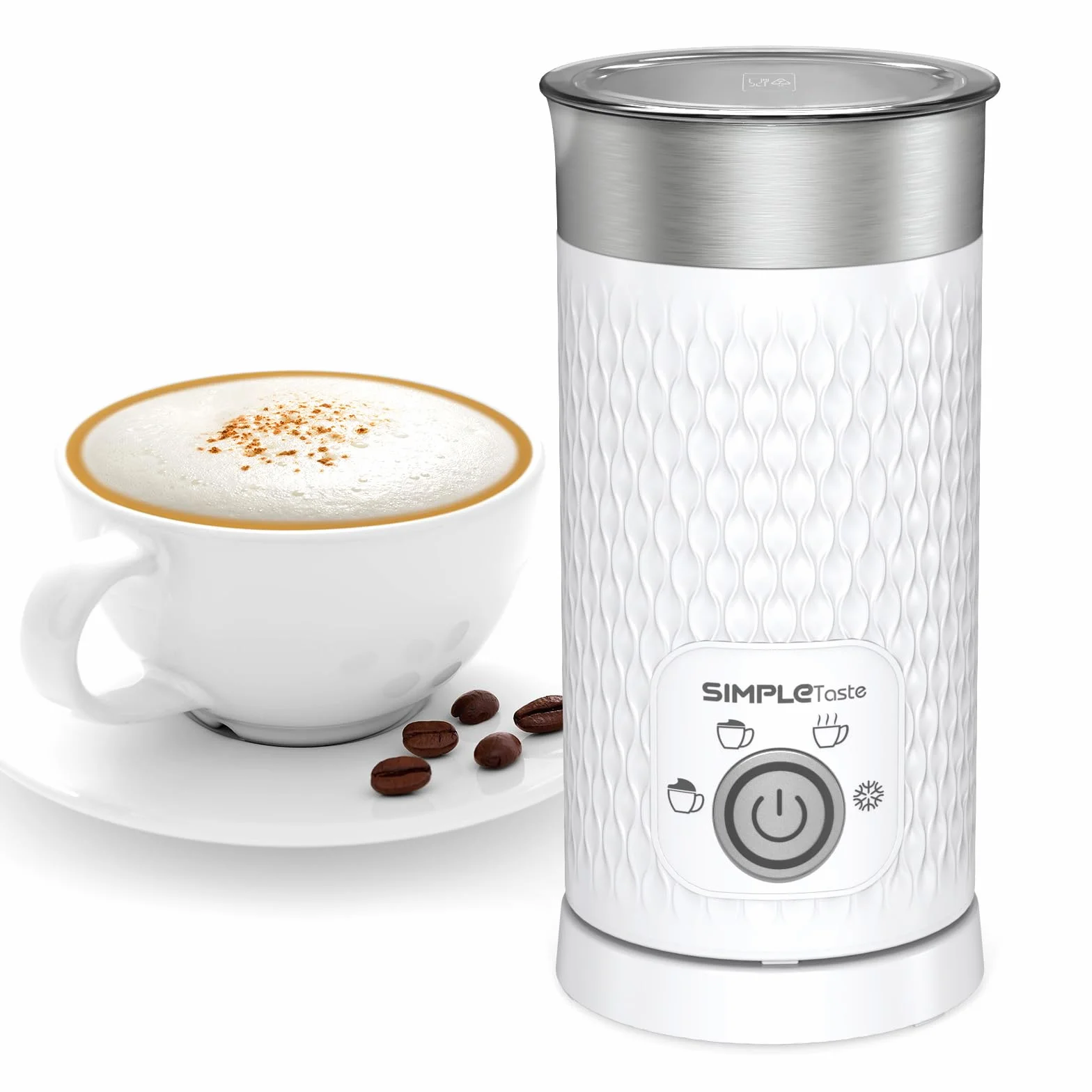 SIMPLETASTE Montalatte Elettrico 4 in 1, Cappuccinatore Elettrico per Schiumare Latte Caldo e Freddo, Riscaldare Latte e Preparare Cioccolata Calda, Ideale per Fare Latte, Macchiato e Cappuccino