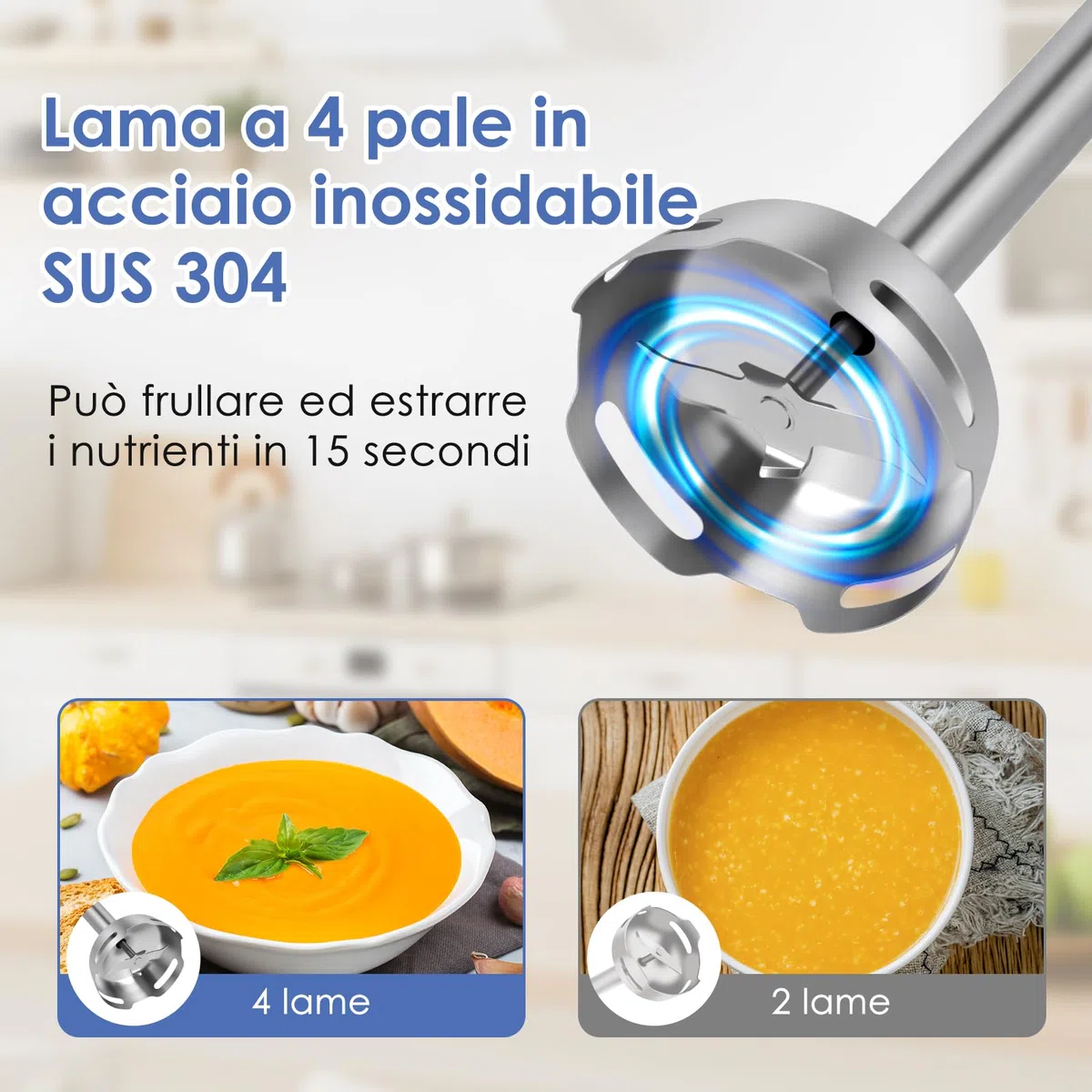 Frullatore a Immersione Multifunzione 4 in 1, 1000 W minipimer professionale,con 30 Velocità e Modalità Turbo, con Frusta, Antispruzzo Design,Tritatutto da 500 ml e Misurino da 600 ml