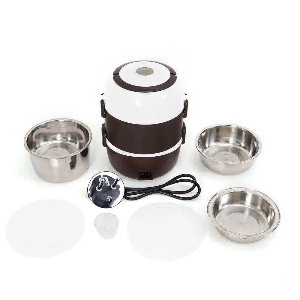 Cuocere riso portatile a vapore, contenitore elettrico per il pranzo, scalda cibo, scalda cibo elettrico, contenitore per il pranzo, 3 strati, 2 l, in acciaio inox