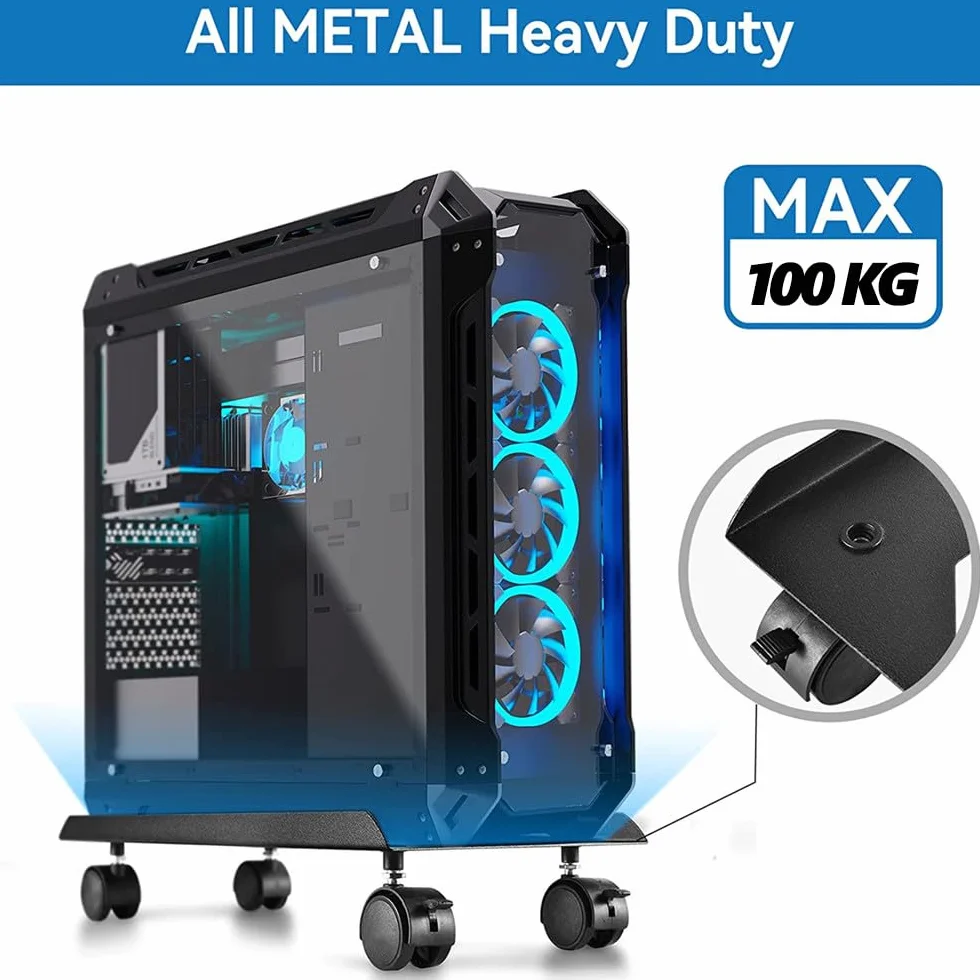 Supporto per PC Case Stand, Supporto per PC Case con 4 Rotelle, Regolabile Computer CPU Holder con Autoadesivo Clip Cavo, Adatto alla Maggior Parte dei Computer, Nero