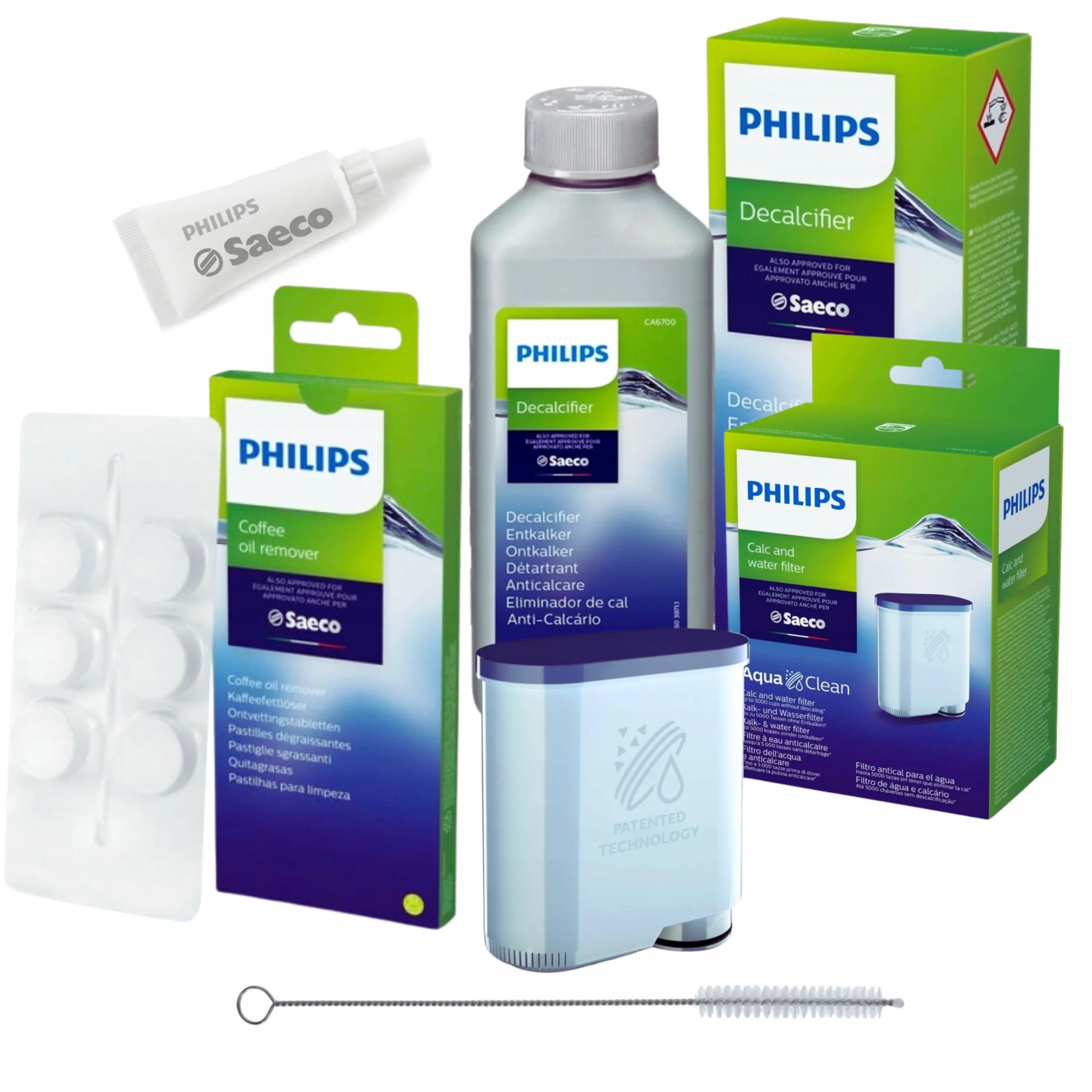 Philips AquaClean - Kit completo per macchine da caffè: filtro acqua CA6903, disincrostante 250 ml, grasso HD5061, sgrassante CA6704/10 (6 compresse), spazzola per pulizia
