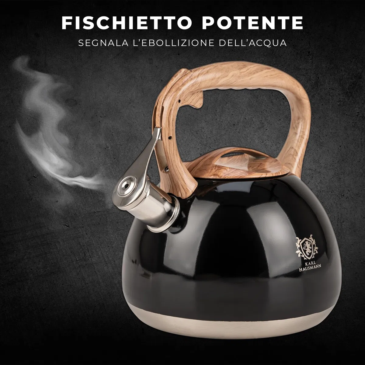 KARL HAUSMANN Bollitore Acqua per Induzione - 3L - Nero Bollitore Acciaio Inox non elettrico - Teiera Fischio per Gas da Fornello - Tea Kettle Stove Induction