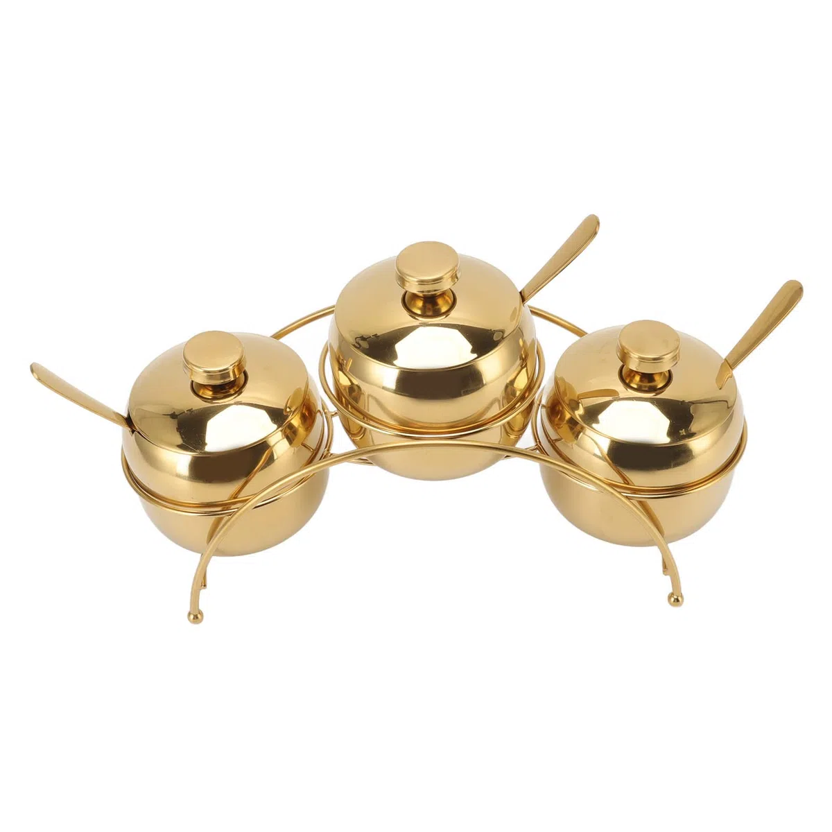 Set di barattoli per condimenti, in acciaio inox, per sale e pepe, con coperchio e cucchiaio, per condimenti da cucina, con ripiano (dorato)