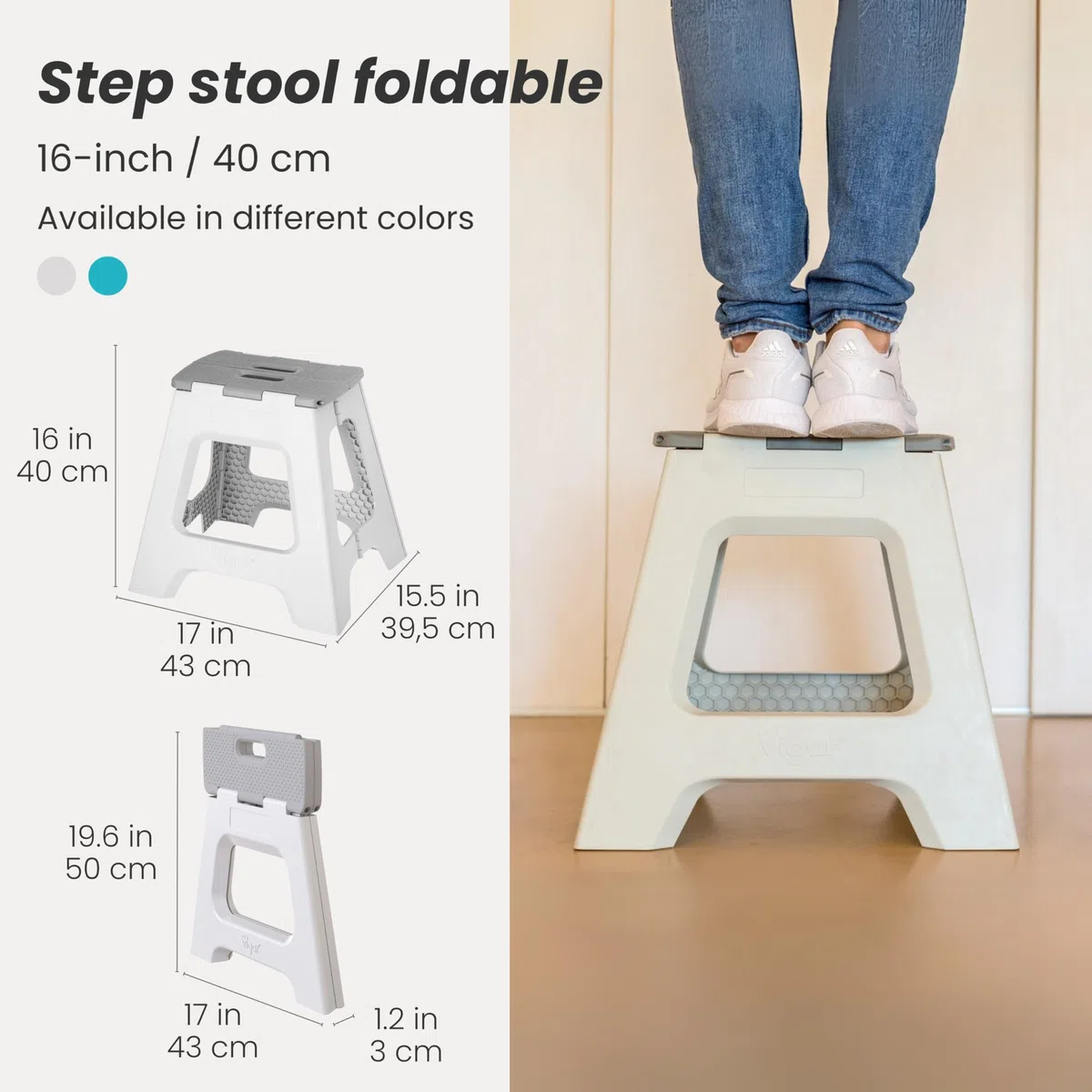 Vigar Compatto Sgabello Pieghevole per Adulti, 40 cm, Sgabello Pieghevole Portatile Antiscivolo per Casa, Cucina, Bagno, Campeggio, Doccia, Supporta fino a 150 kg, Grigio