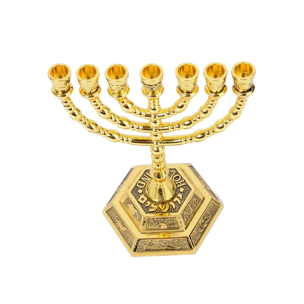 BRTAGG Menorah Candeliere ebraico, 12 tribù d'Israele, 7 rami, altezza 13 cm, oro