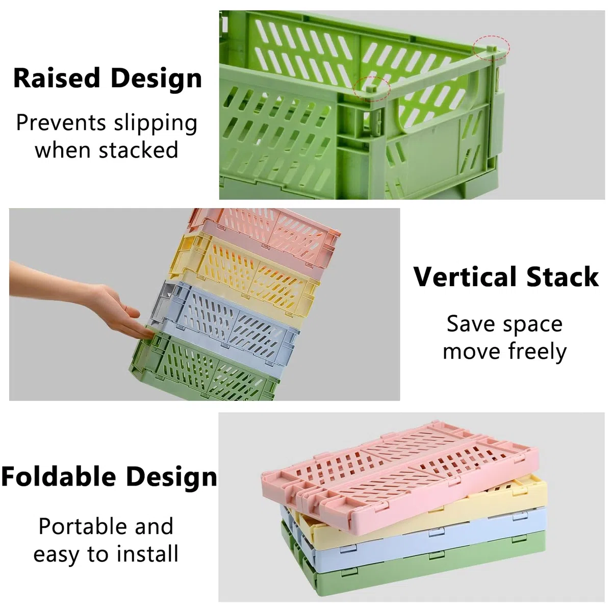Confezione da 8 casse pieghevoli in plastica, mini casse per il latte colorate, graziose ceste impilabili per classe, ufficio, bagno, facili da usare (15 x 9,9 x 6,1 cm, 25,4 x 16,5 x 10,4 cm
