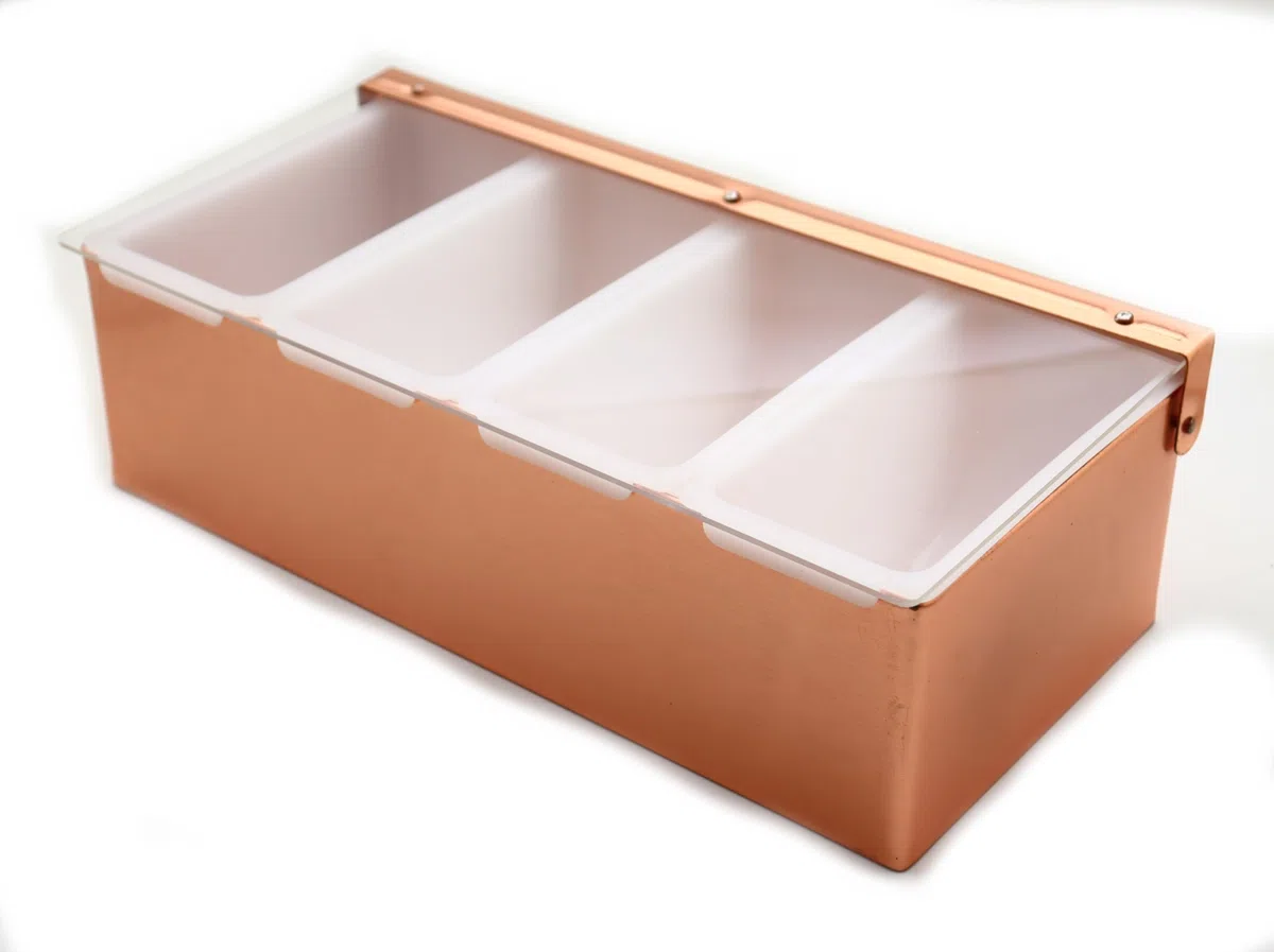 Porta Condimenti Pizzeria Pizza Bar 4 Vaschette in Acciaio Inox Ramato, Dispensatore di Condimenti, Contenitore Portacondimenti con Coperchio, Vassoio per Frutta Contorno e Condimento (4 scomparti)