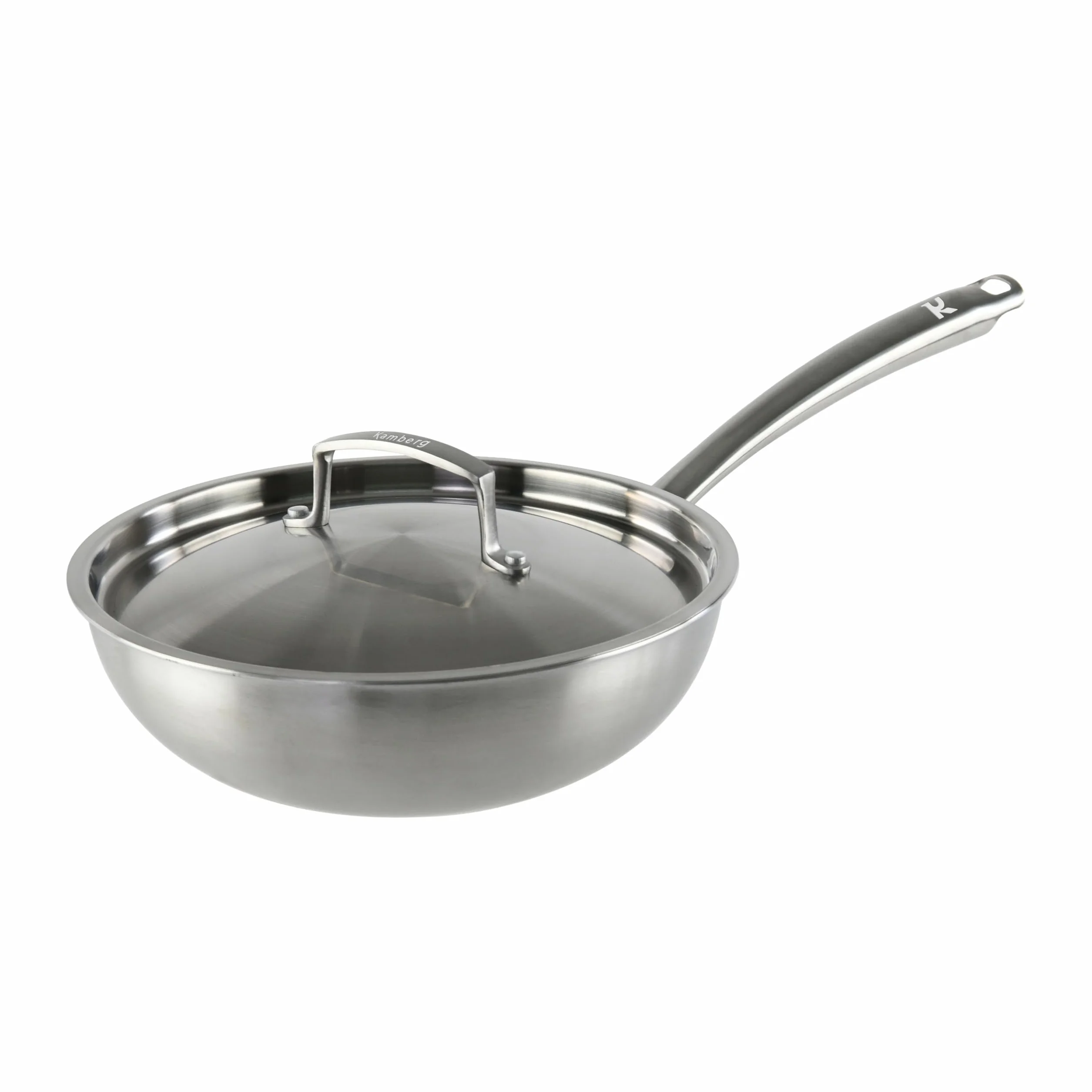 KAMBERG - Wok Ø24 cm in acciaio inox 18/10 Triply - Senza PFAS - Coperchio incluso - Tutti i piani cottura inclusi induzione e forno - 0008280, grigio