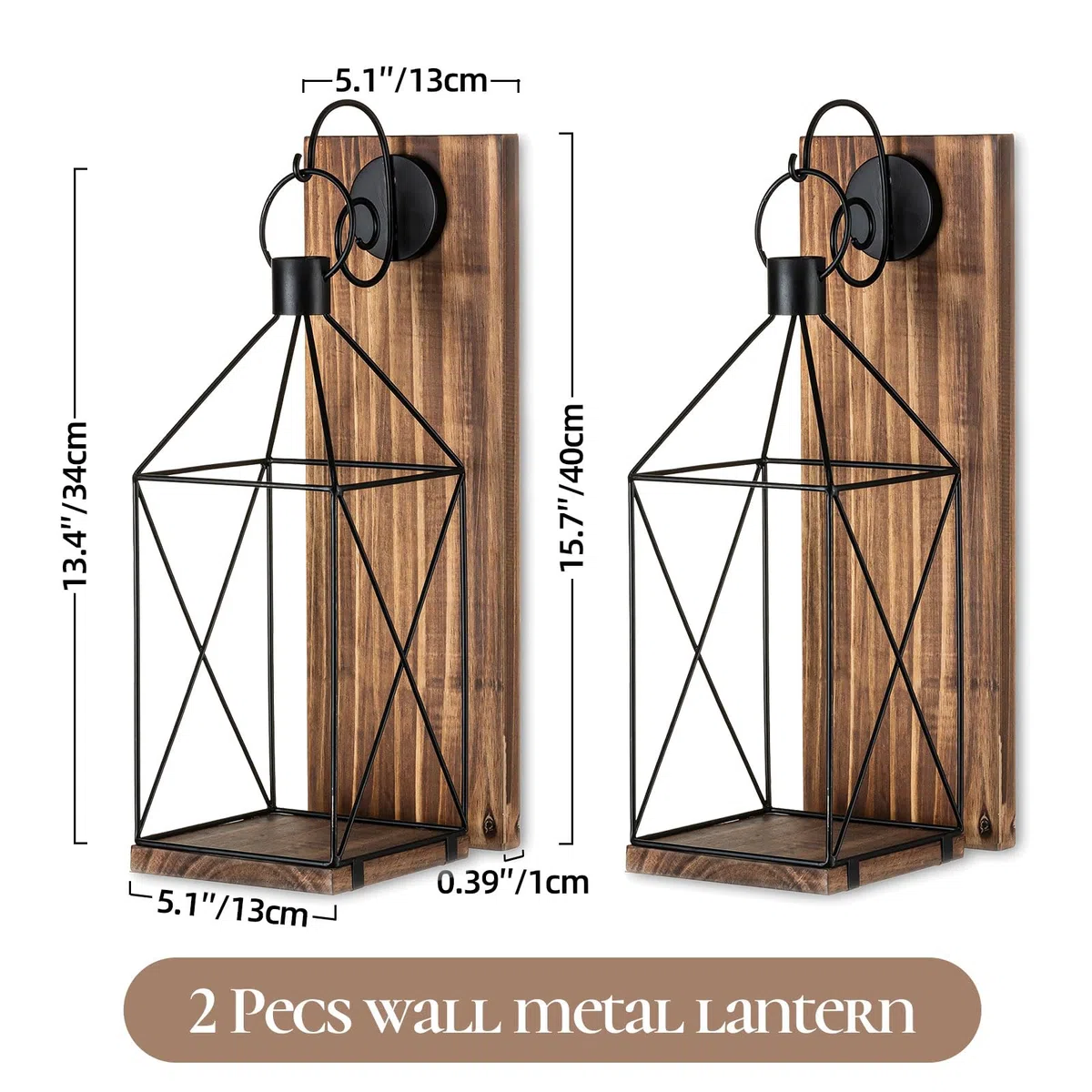 Portacandele da parete in legno, set da 2 lanterne da 40 cm, decorazione da parete, marrone, per soggiorno, corridoio, camino, da parete
