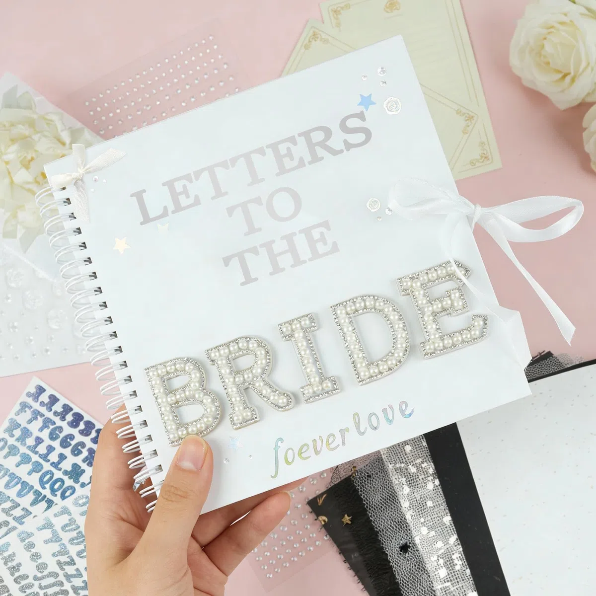 FestiVex Libro dei ricordi di nozze con lettere alla sposa, con 20 pagine testurizzate, 10 set di lettere e buste, adesivi e decorazioni fai da te abbinati, libro degli ospiti per addio al nubilato