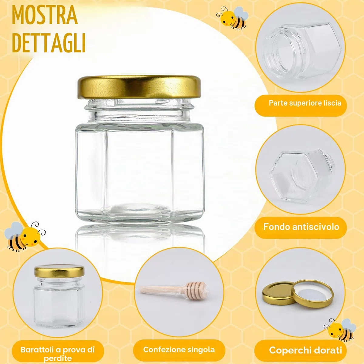 30 pezzi Mini Vasetti Miele,esagonale vasetti di vetro miele da 45ml con coperchio a vite,Mini Vasetti per Miele Esagonali coperchi dorati,pendenti a forma di ape