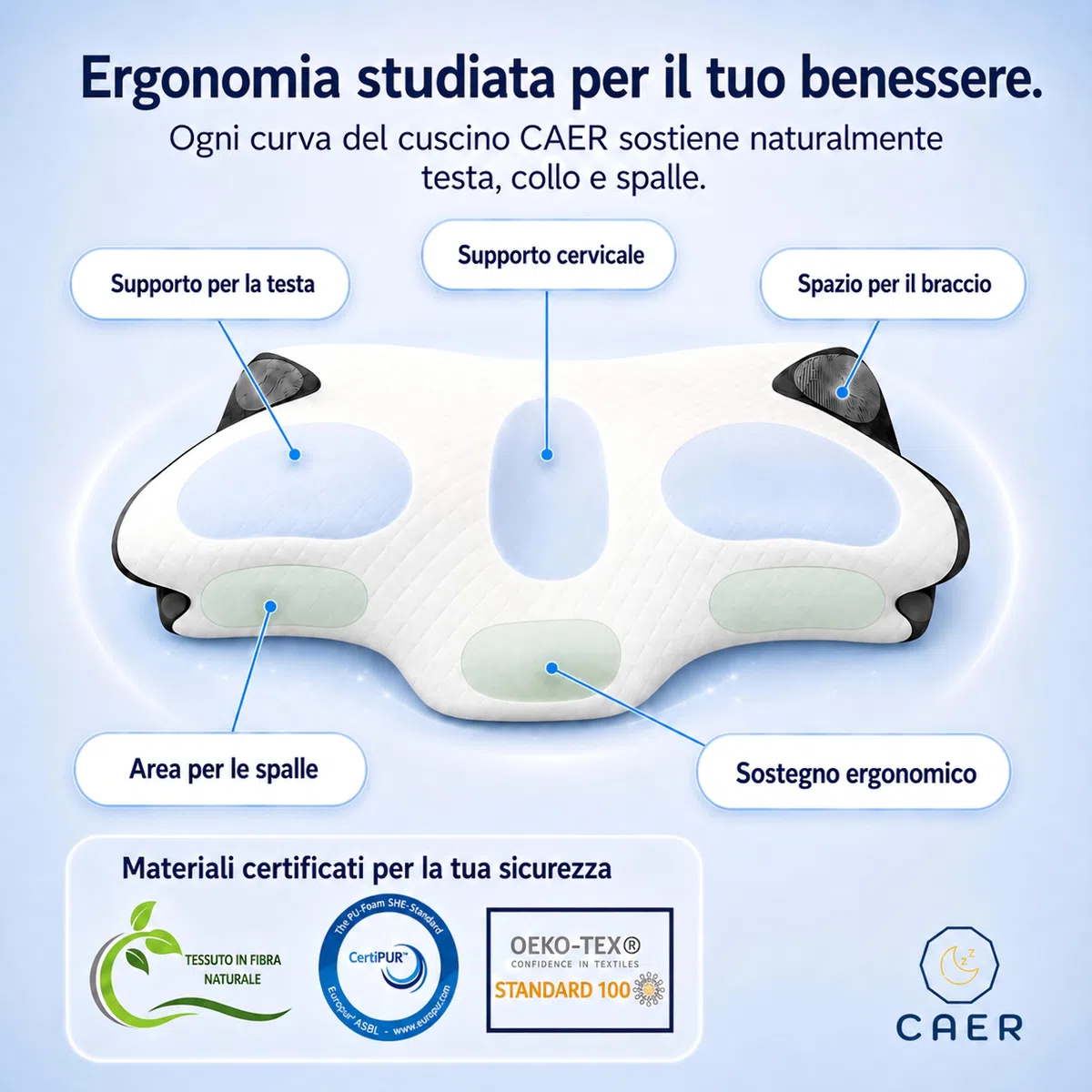 CAER Cuscino Cervicale per Dormire su Fianco e Schiena – Memory Foam Ortopedico, Misure 60x36 cm con Doppia Altezza, Supporto per Collo e Spalle, Federa Lavabile